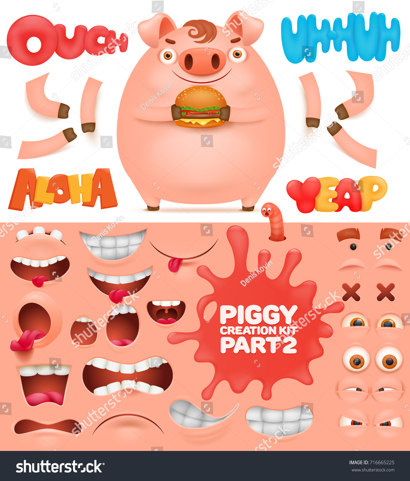 Creation kit of cartoon emoticon pig character vector illustration.