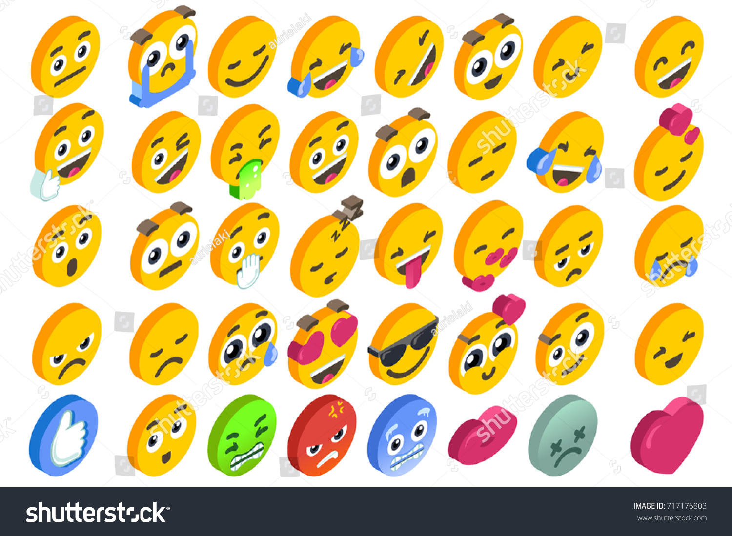 Emoji Set emoticon reactions. Vector EPS 10 3D flat design isometric icons hearth angry or smile face and like button.