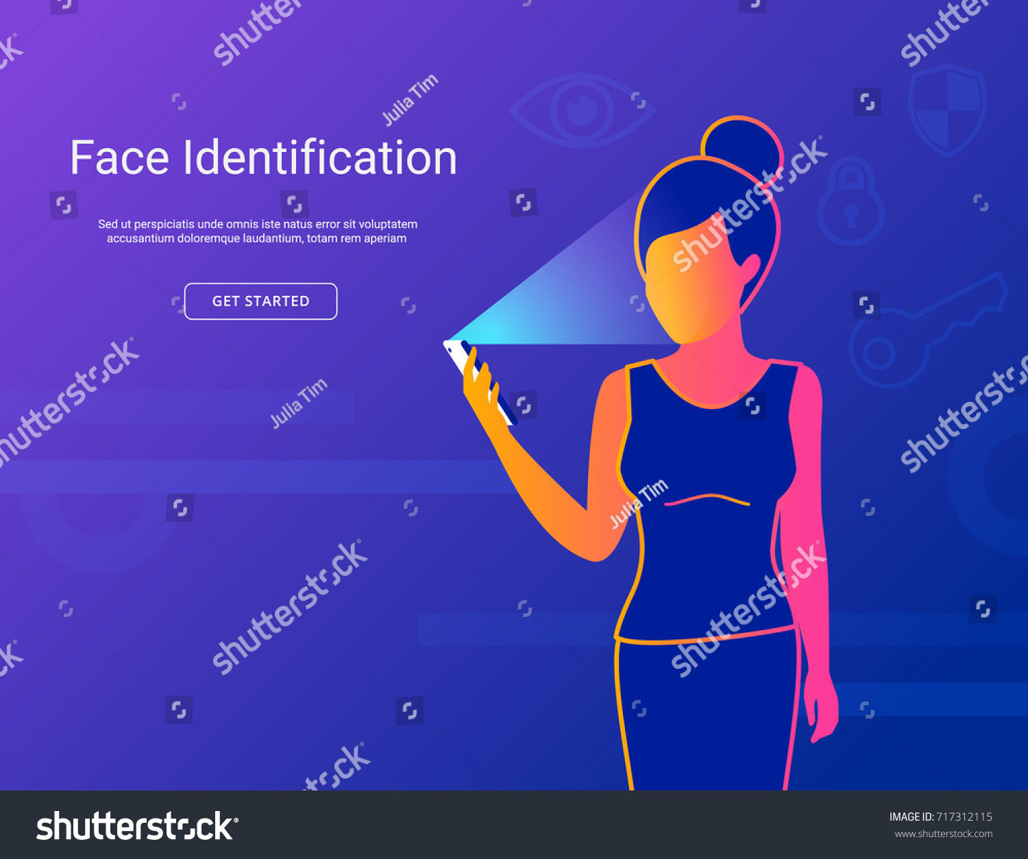 Face identification of young woman. Gradient line vector illustration of woman holds smartphone in her hand for getting access to device via face recognition technology.