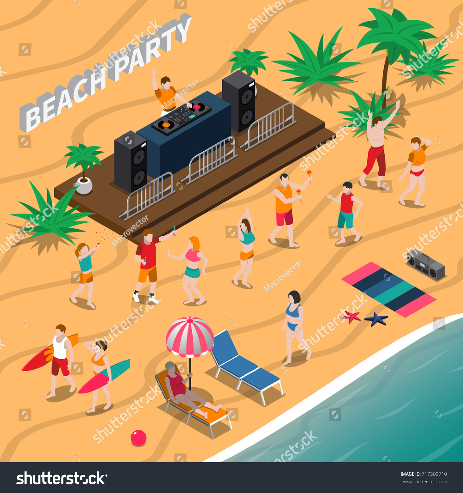 Beach party isometric composition with dj and music equipment  dancing people  loungers  umbrella  palm trees vector illustration