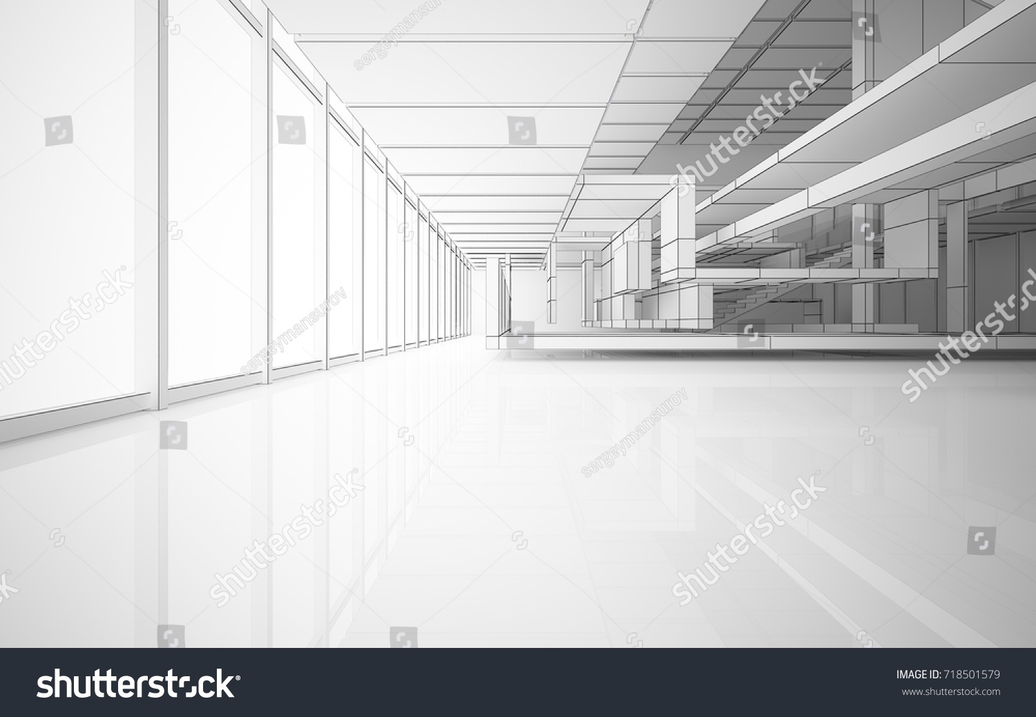 Abstract drawing white interior multilevel public space with window. 3D illustration and rendering.
