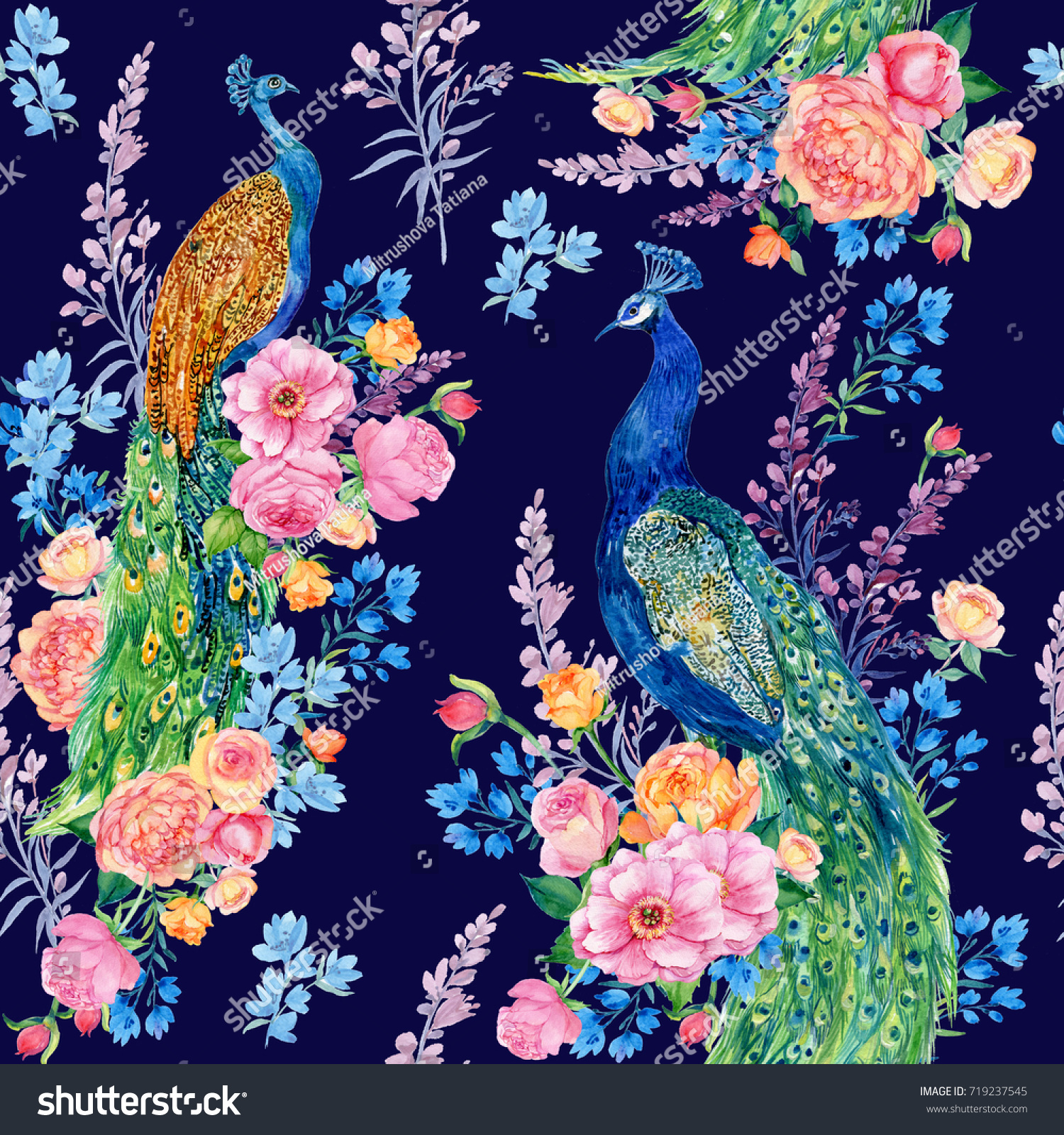 Seamless pattern with peacocks and flowers on blue background