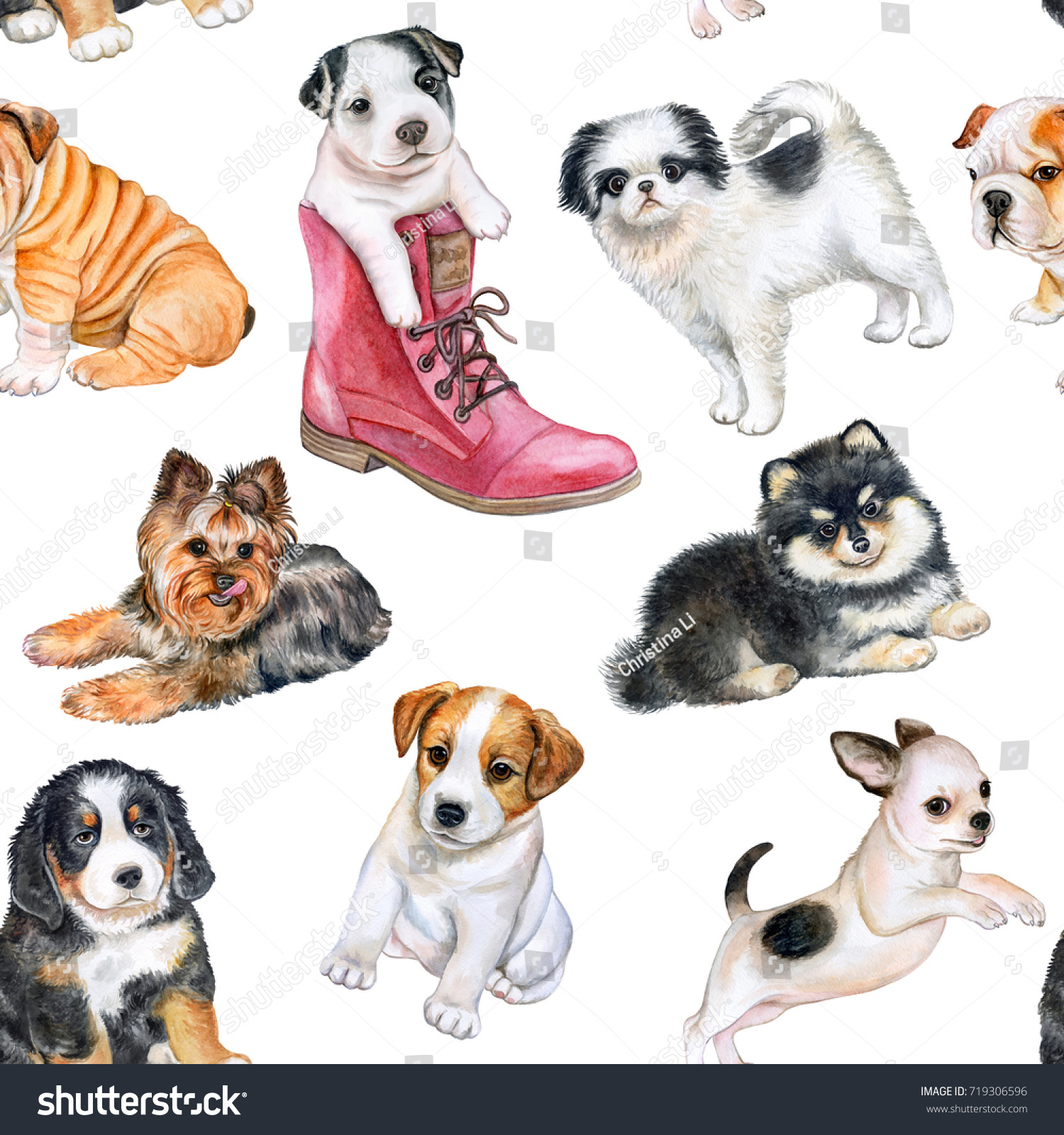 Seamless pattern with puppies. Wallpapers with dogs. Watercolor. Illustration.