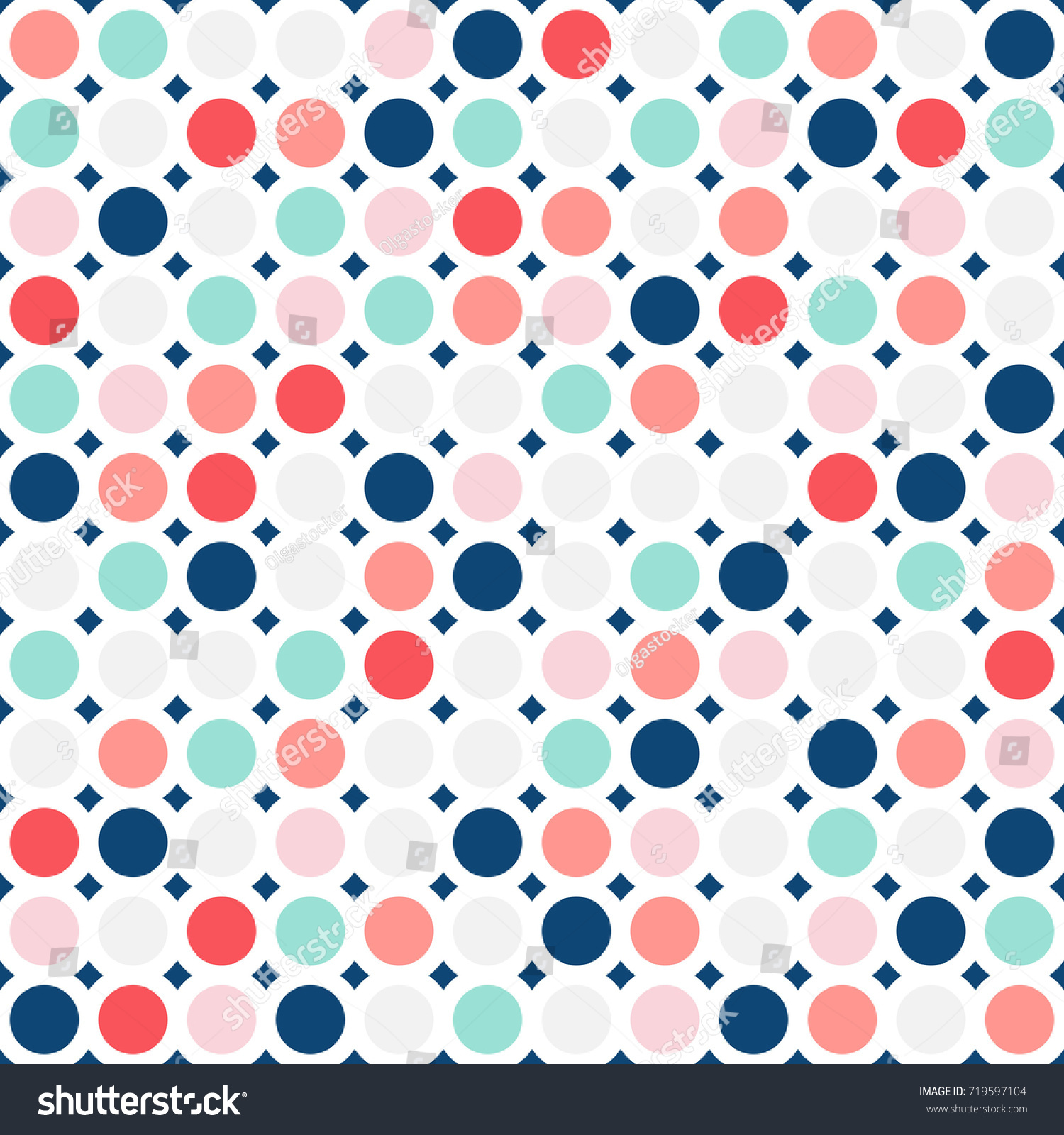 Colorful circles seamless pattern. Fashionable geometric background in trendy colors: soft pink  navy blue  mint  coral  red  light grey  white. Simple dots texture. Stylish design for decor  prints