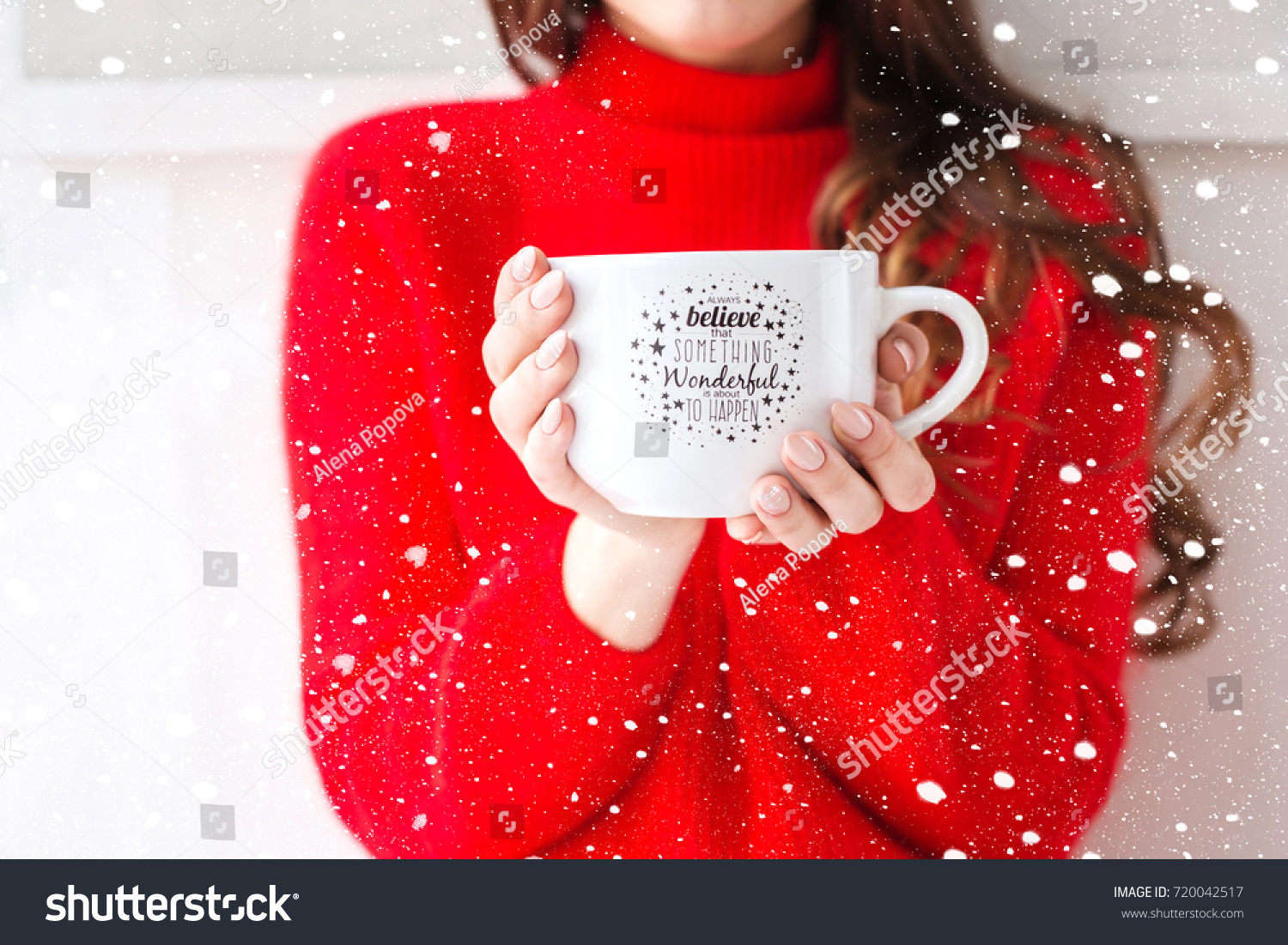 Cozy atmosphere girl with big cup coffee cacao chocolate christmas time winter