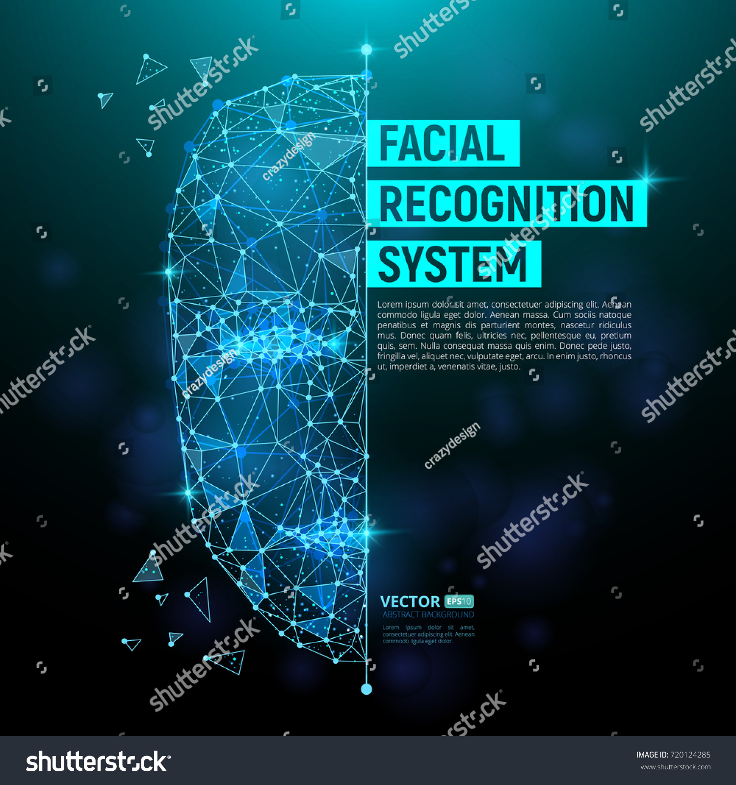 Biometric identification or Facial recognition system concept. Vector illustration of human face consisting of polygons  points and lines with place for your text isolated on dark blue background