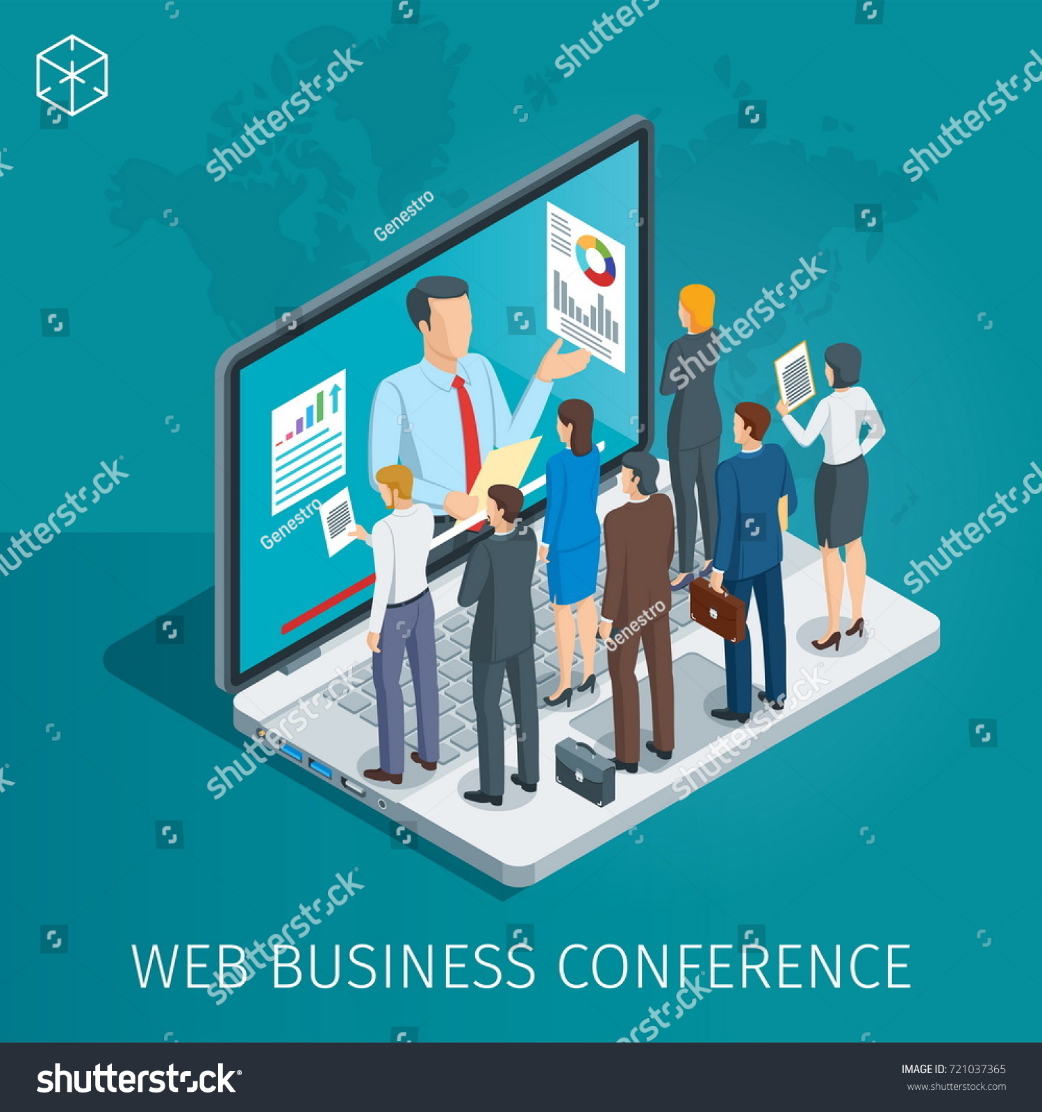 Web Conference banner. Man on the notebook holds a webinar. People listen to the lecturer. Isometric concept. Highly detailed illustration