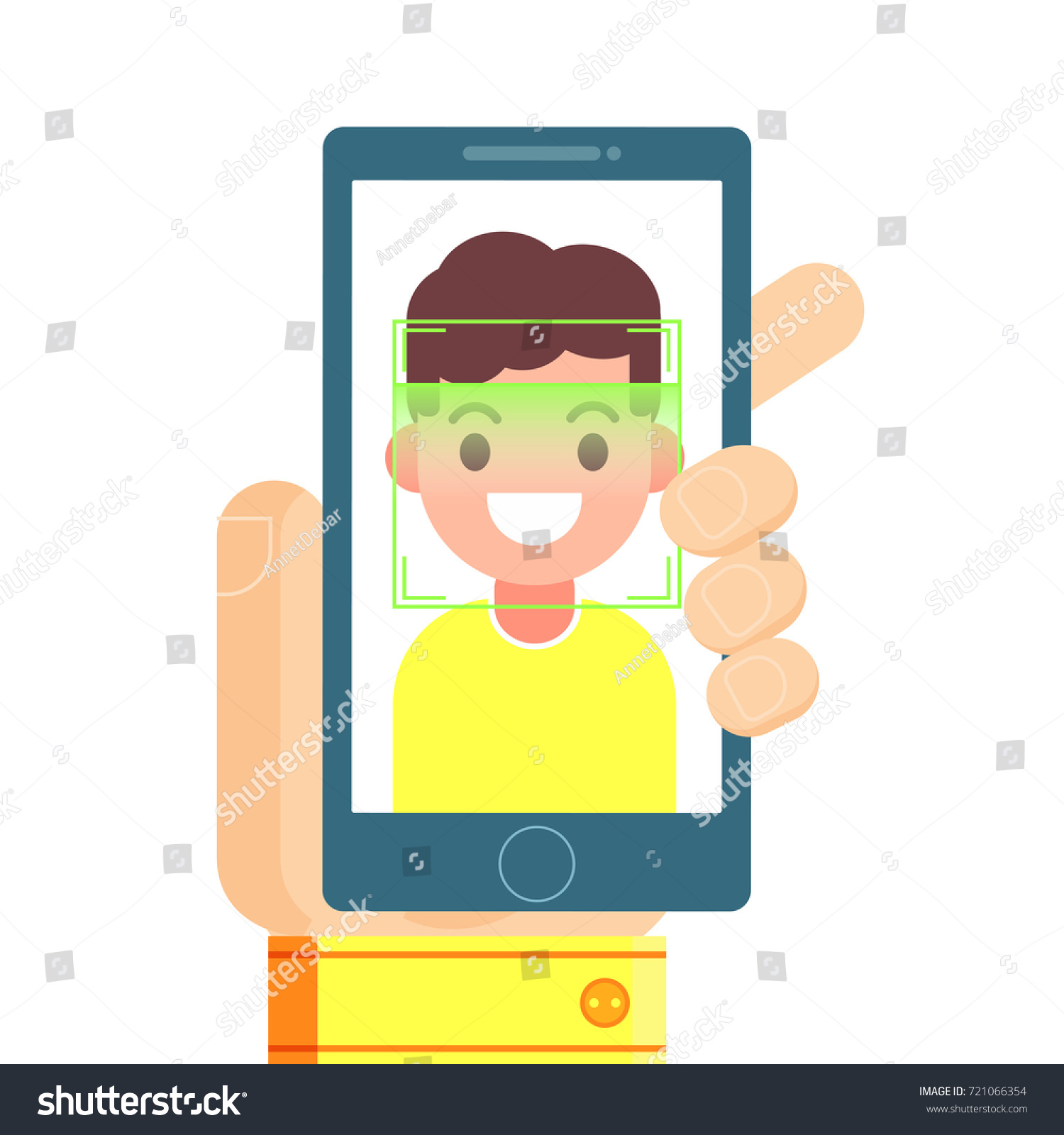 Face recognition and mobile identification.  Youngman unlocking her smartphone  or app. Vector flat illustration