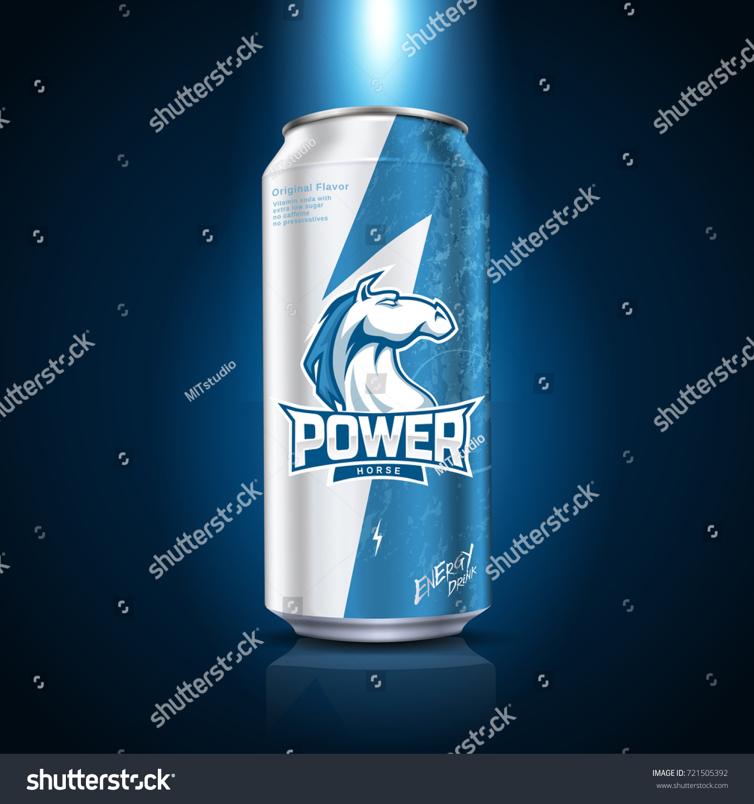 Energy drink package design  blue and white tone with lightning and horse pattern  3d illustration