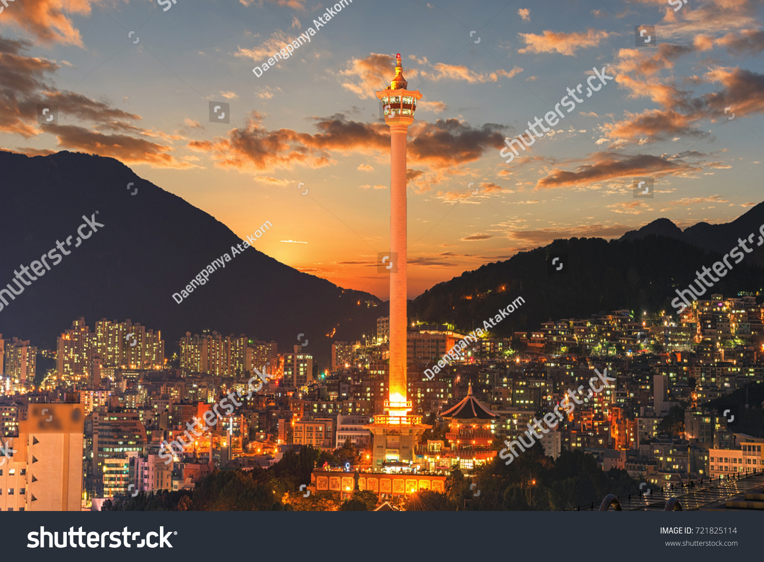 Busan city skylight and Busan tower at night in Korea.