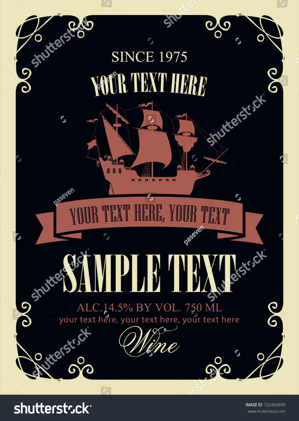 Vector label for wine with a picture of the old sailing ship in a curly frame in retro style on black background