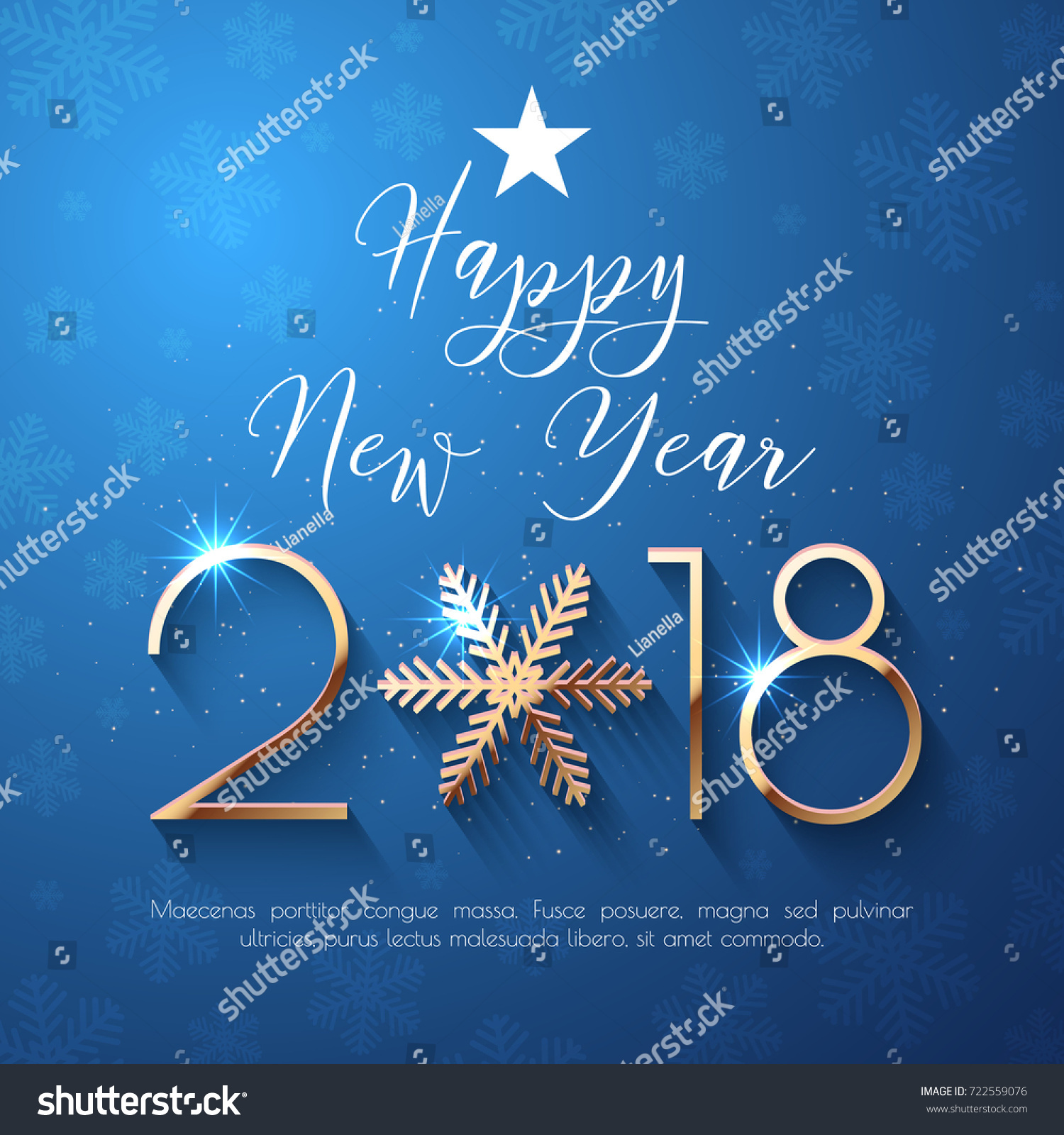 Happy New Year 2018 text design. Vector greeting illustration with golden numbers and snowflake