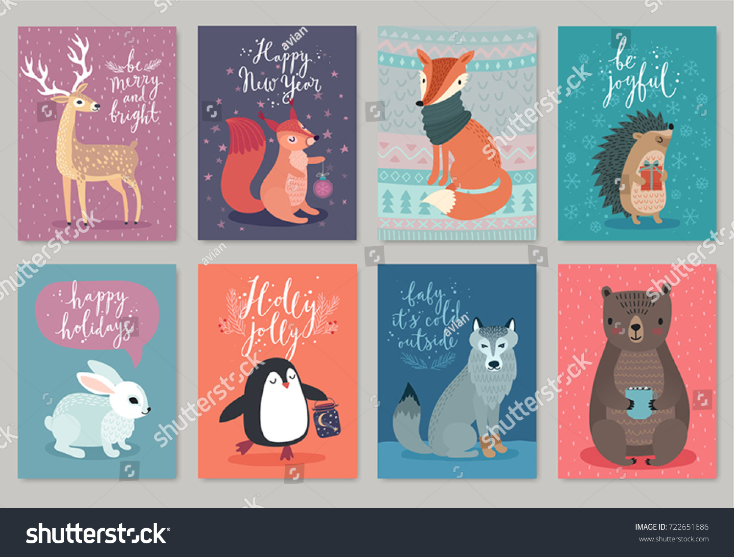 Christmas animals card set  hand drawn style. Vector illustration.
