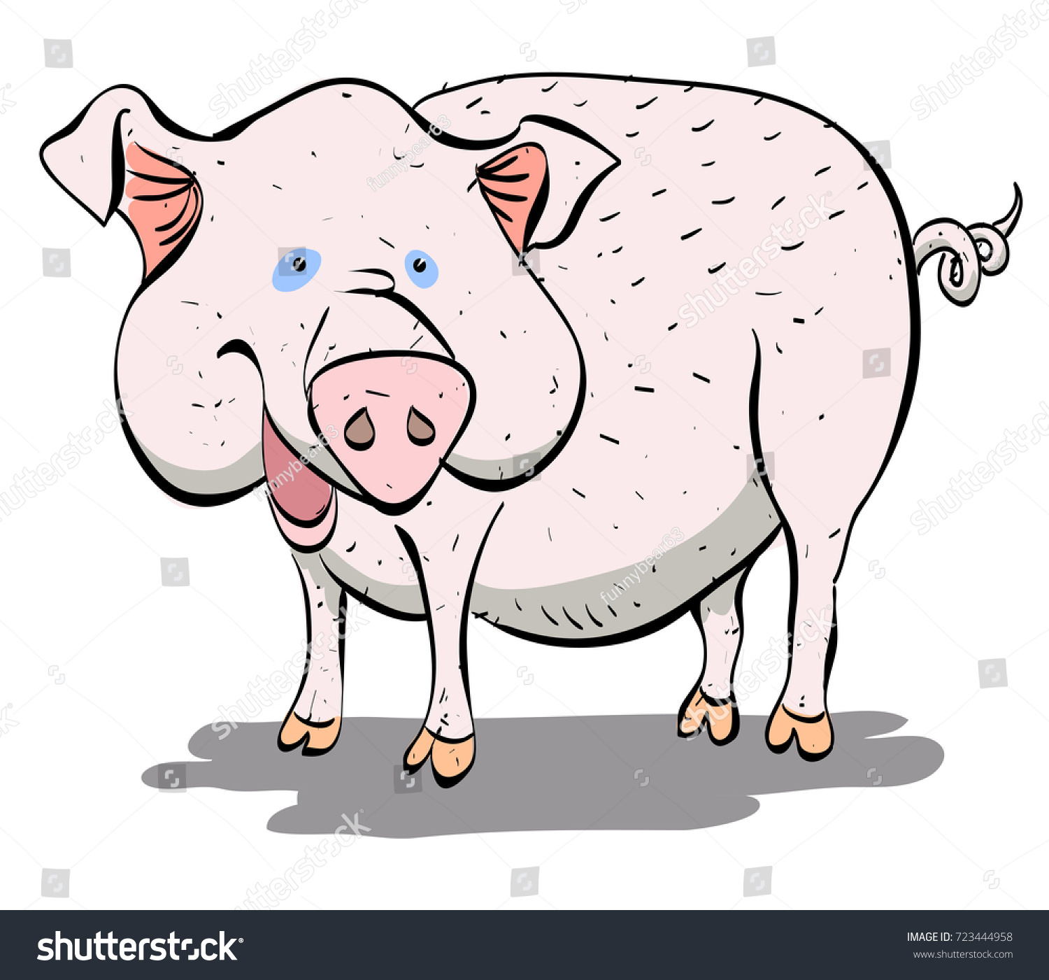 Funny pig smiling cartoon image. Artistic freehand drawing.