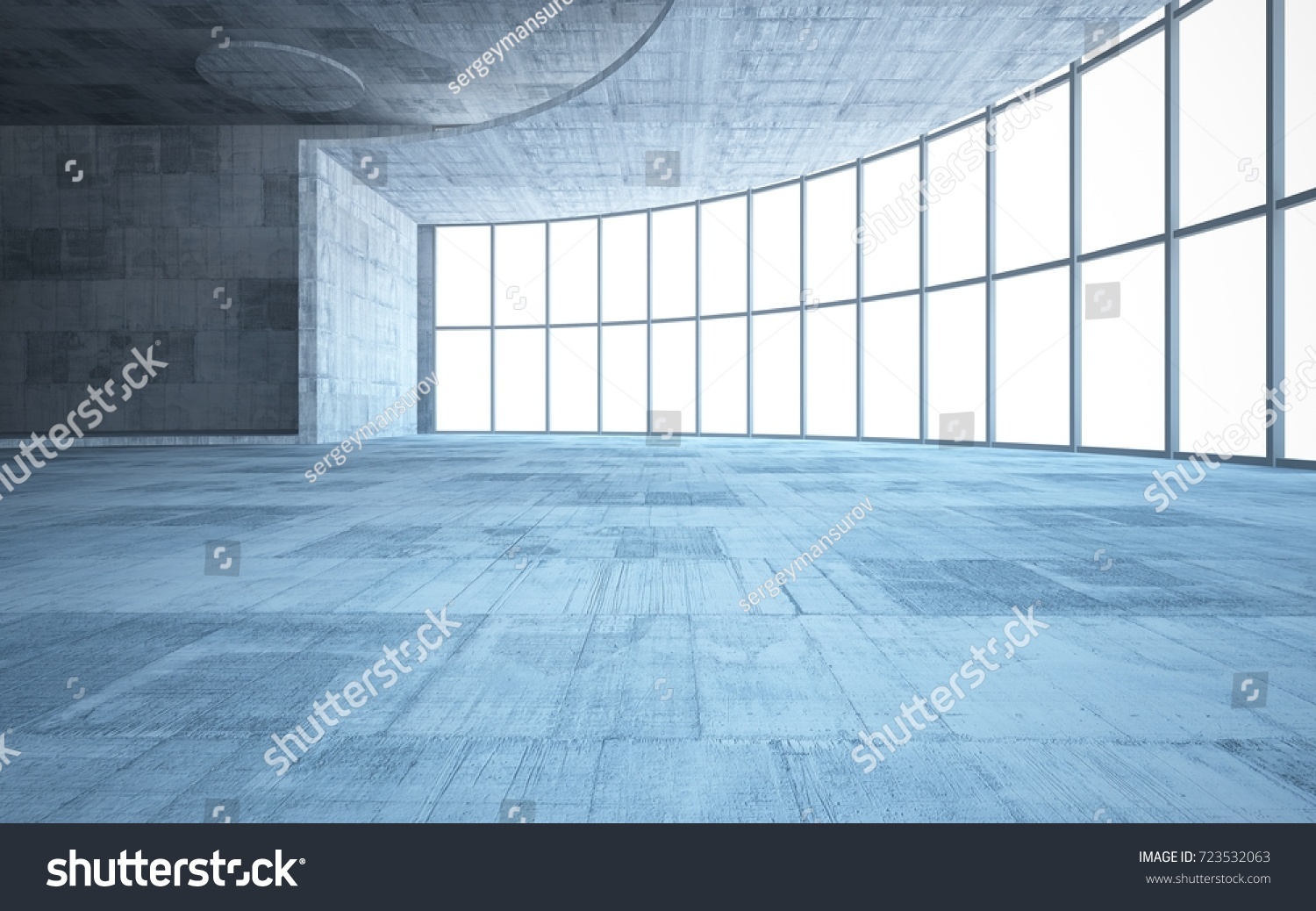 Abstract concrete interior multilevel public space with window. 3D illustration and rendering.