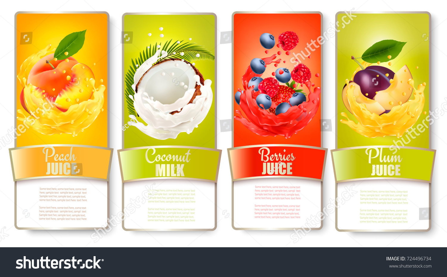 Set of labels of of fruit in juice splashes. Peach  coconut  raspberry  blueberry  plum. Vector.