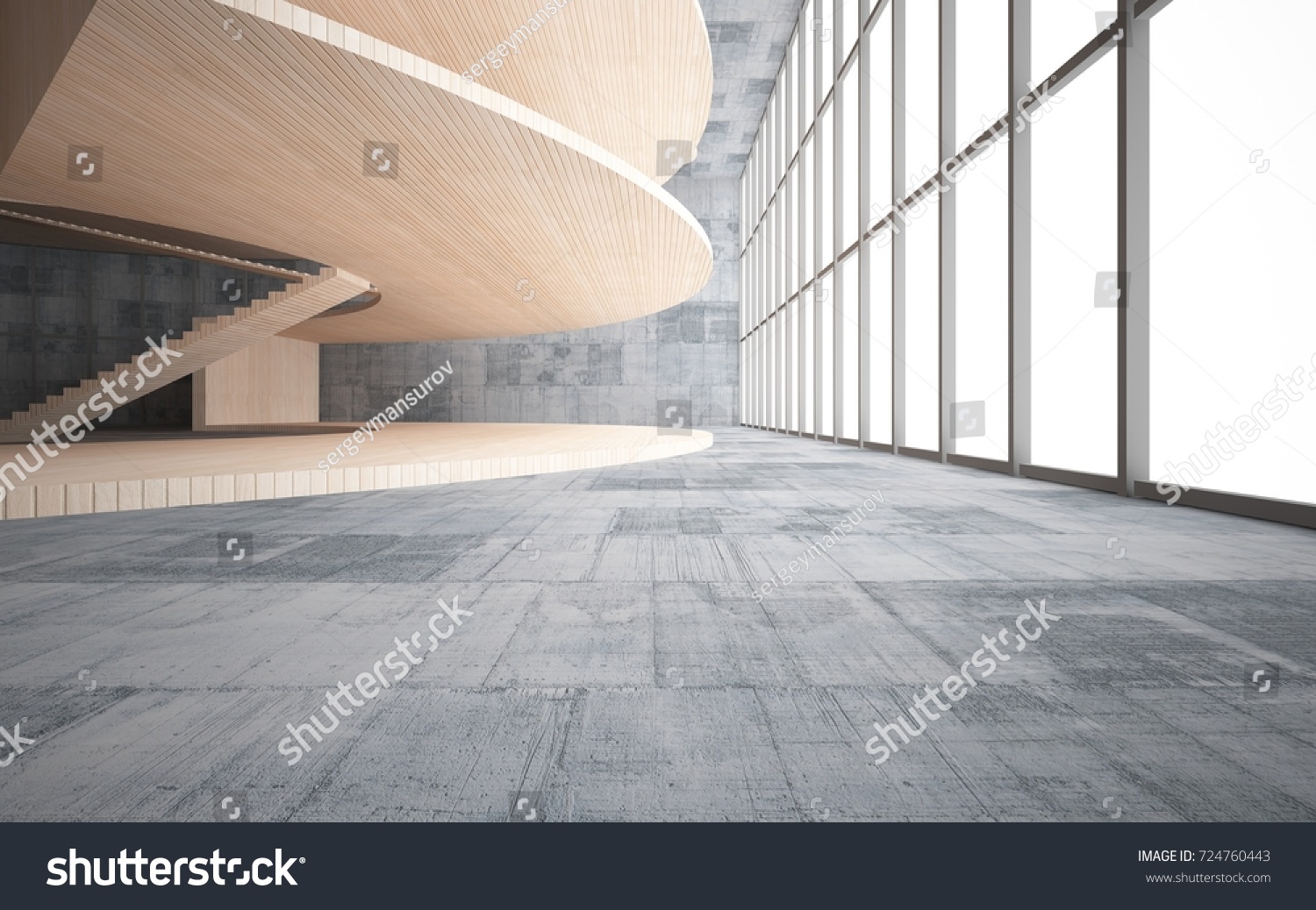 Abstract concrete and wood interior multilevel public space with window. 3D illustration and rendering.