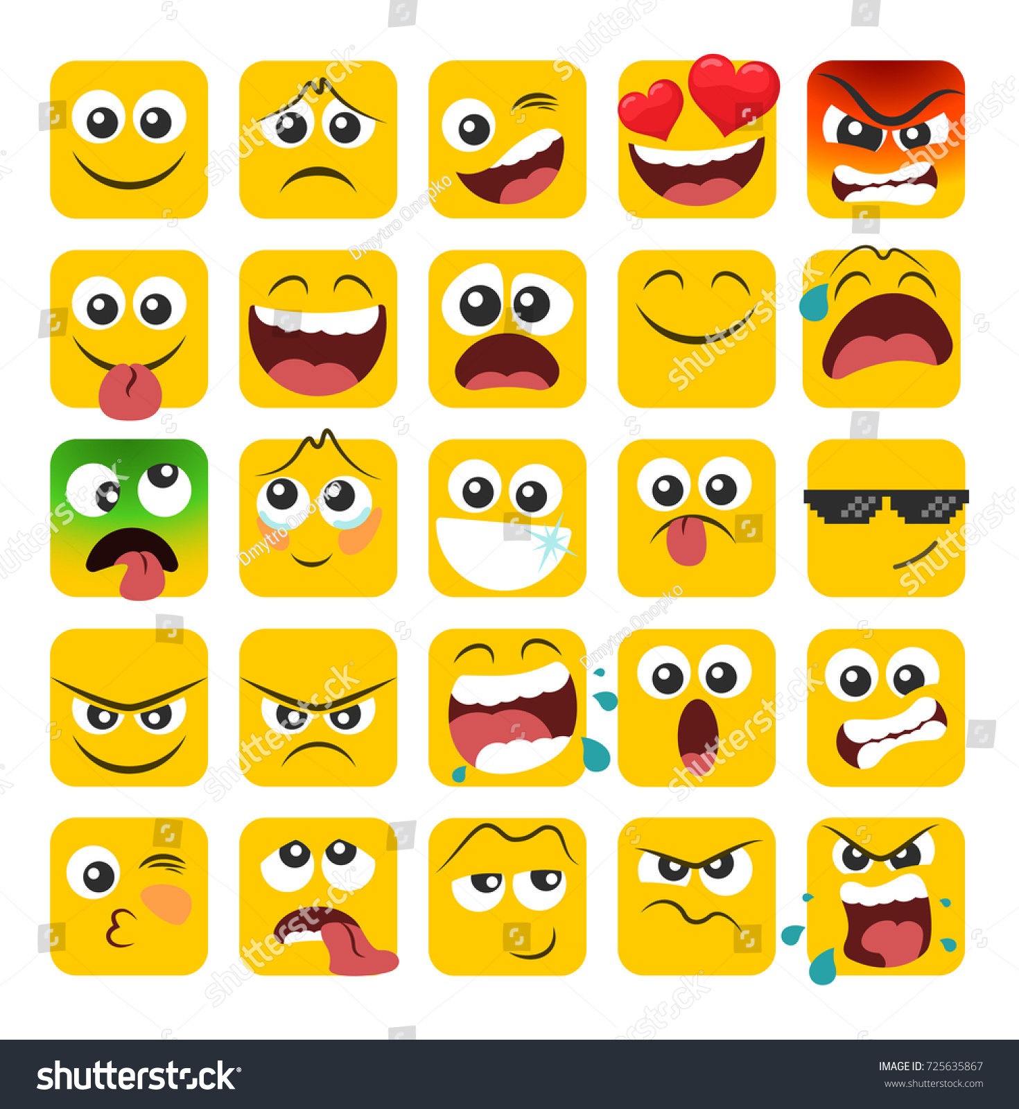 Set of square emoticons with different emotions in a flat design. Part 1