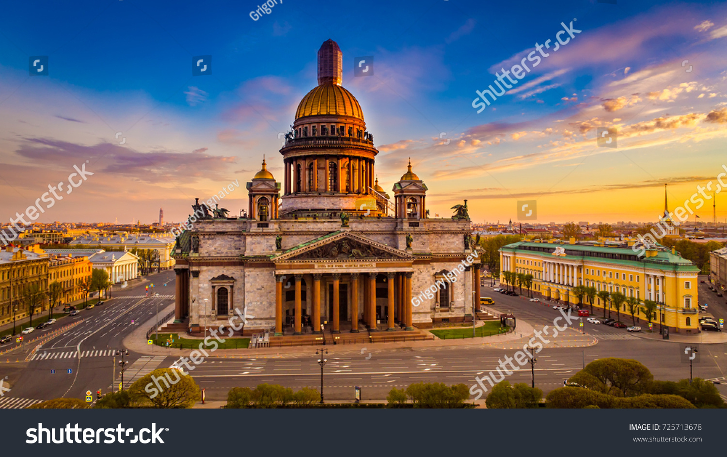 Morning panorama from the air in St. Petersburg. St. Isaac's Cathedral at dawn. Saint Petersburg. Russia.