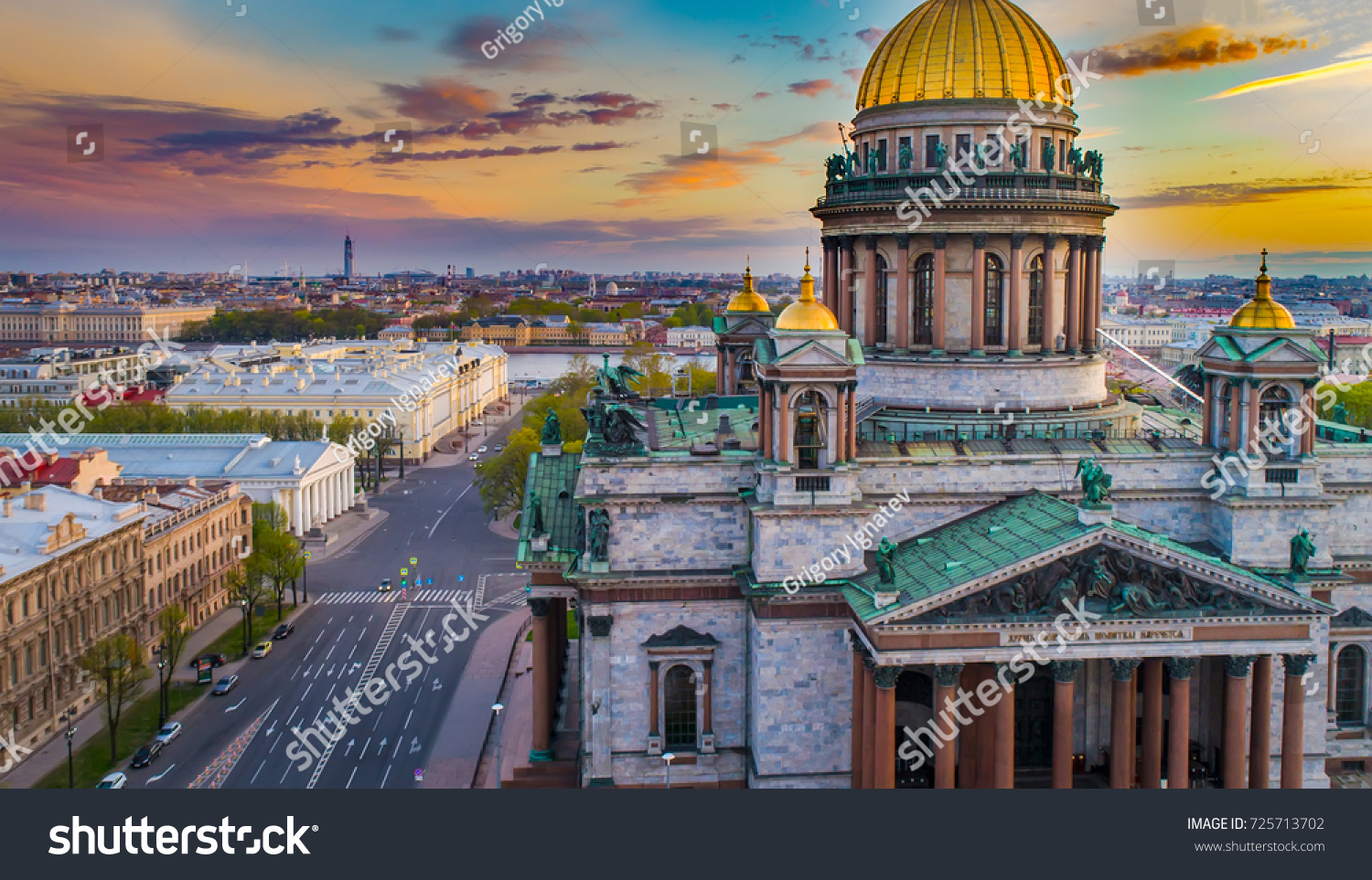 Morning panorama from the air in St. Petersburg. St. Isaac's Cathedral at dawn. Saint Petersburg. Russia.