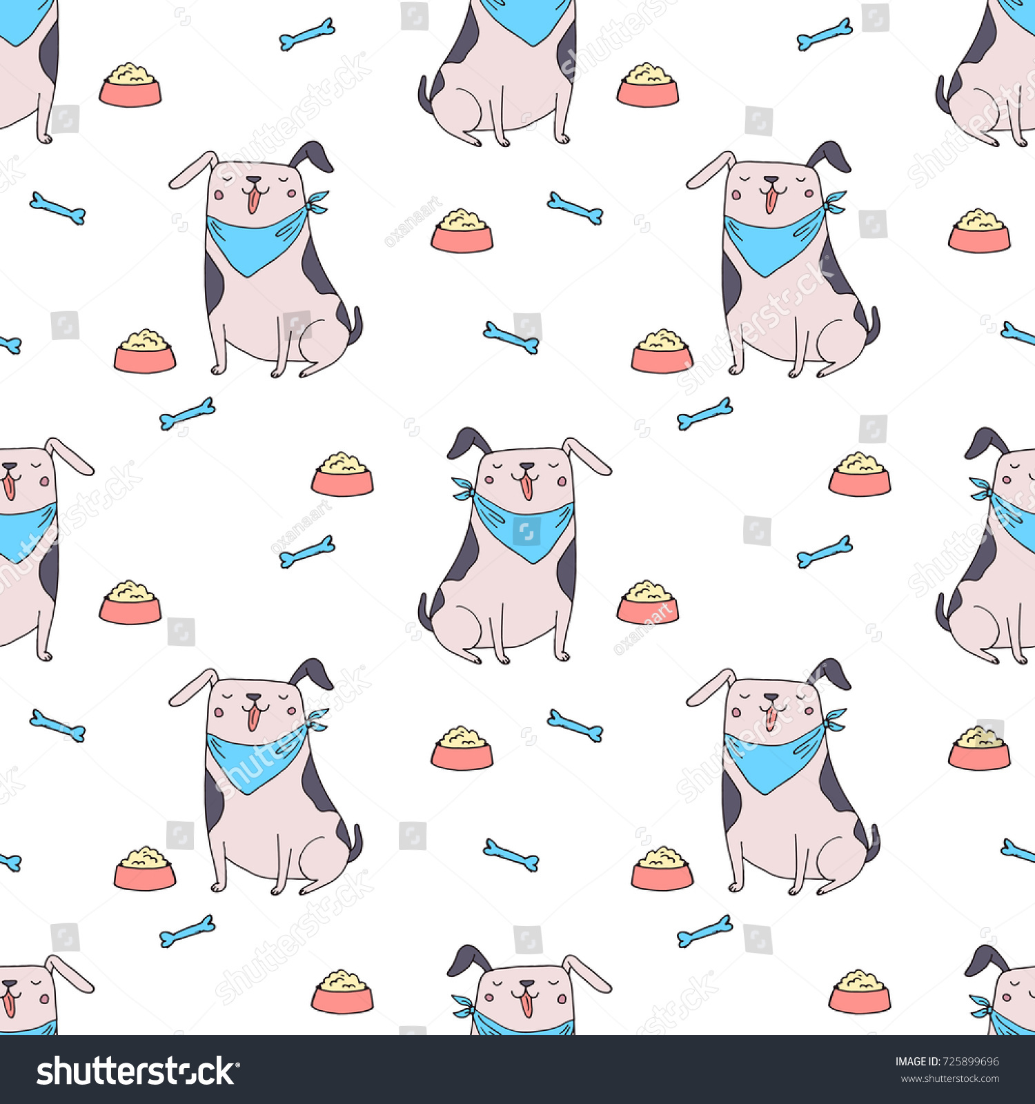 Vector seamless pattern with cute dog. Sitting smiling dog - hand drawn illustration. Small kawaii puppy background
