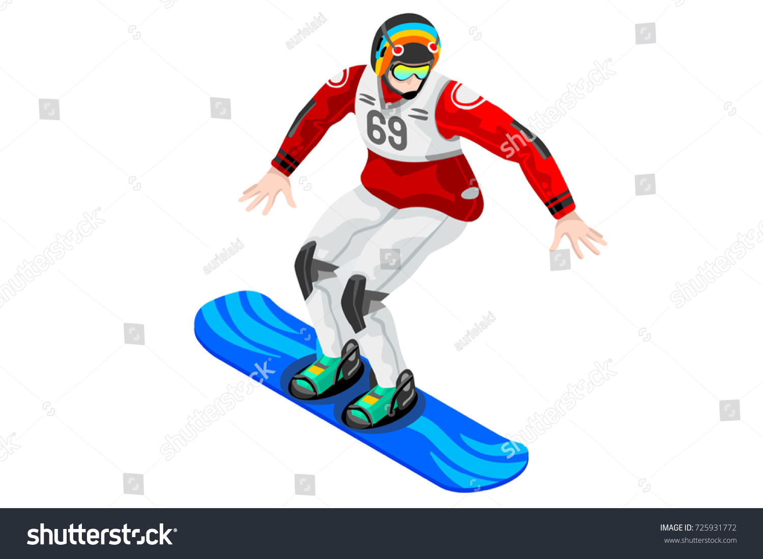 Snowboard jump race snowboarder athlete winter sport man vector 3D isometric icon.