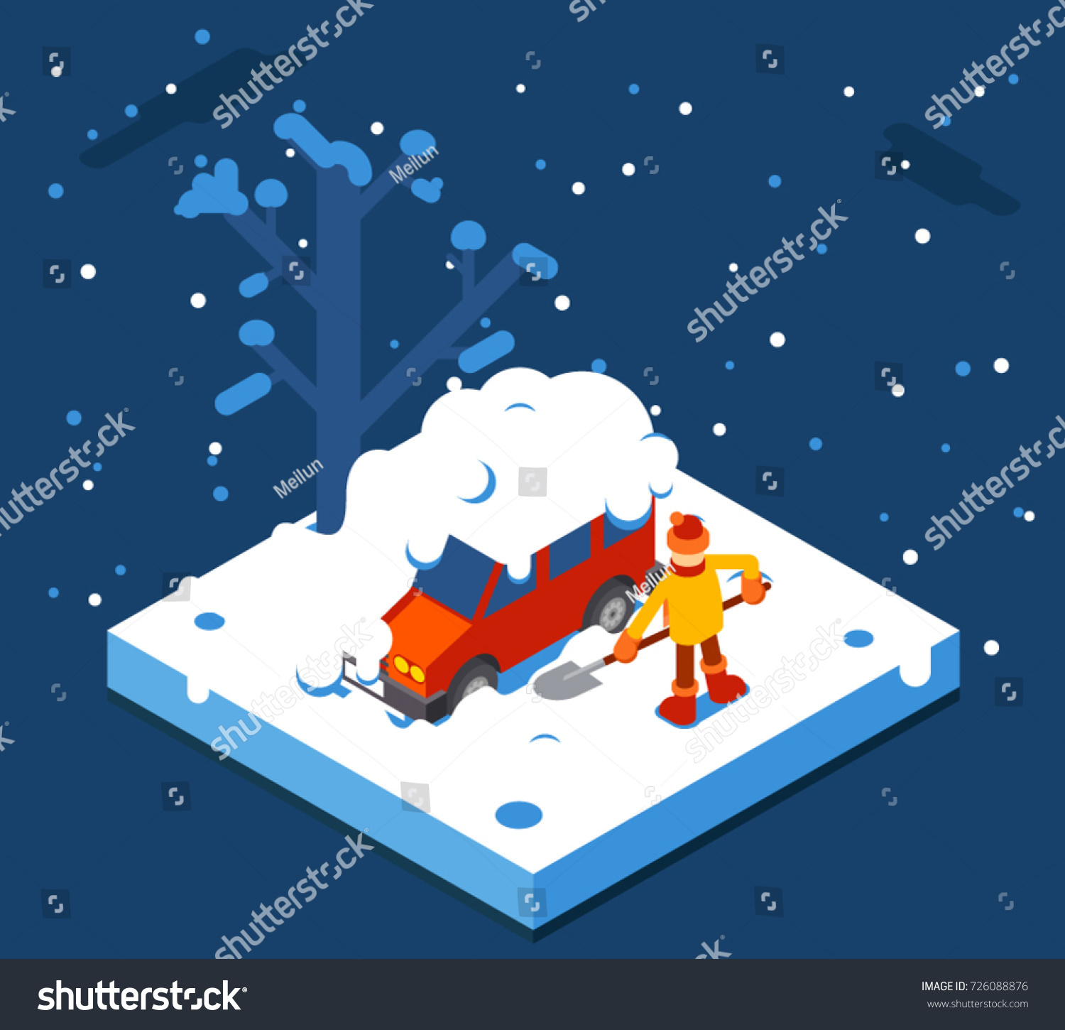 Isometric Winter Man Digs Car Out Snow Flat Background Design Vector Illustration