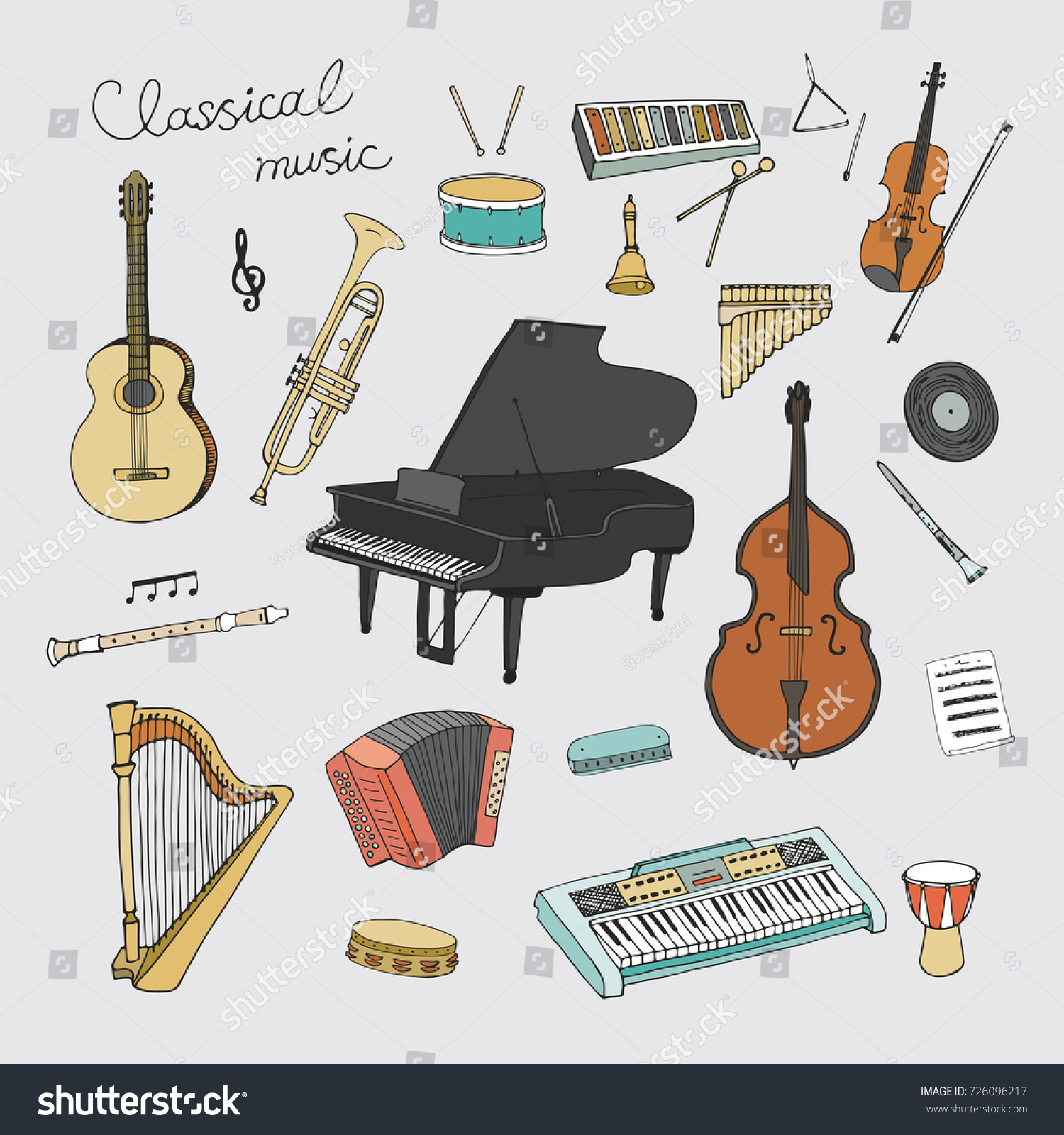 Hand drawn doodle classical musical instruments graphic set