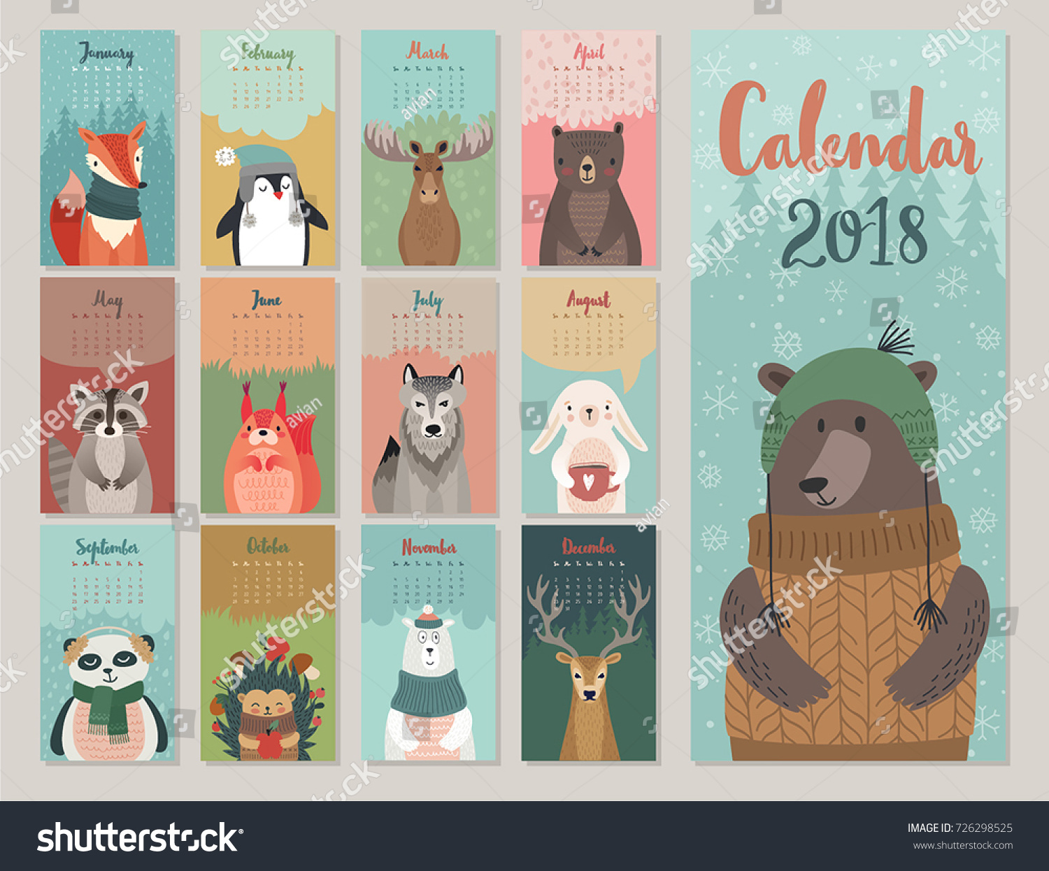 Calendar 2018. Cute monthly calendar with forest animals.