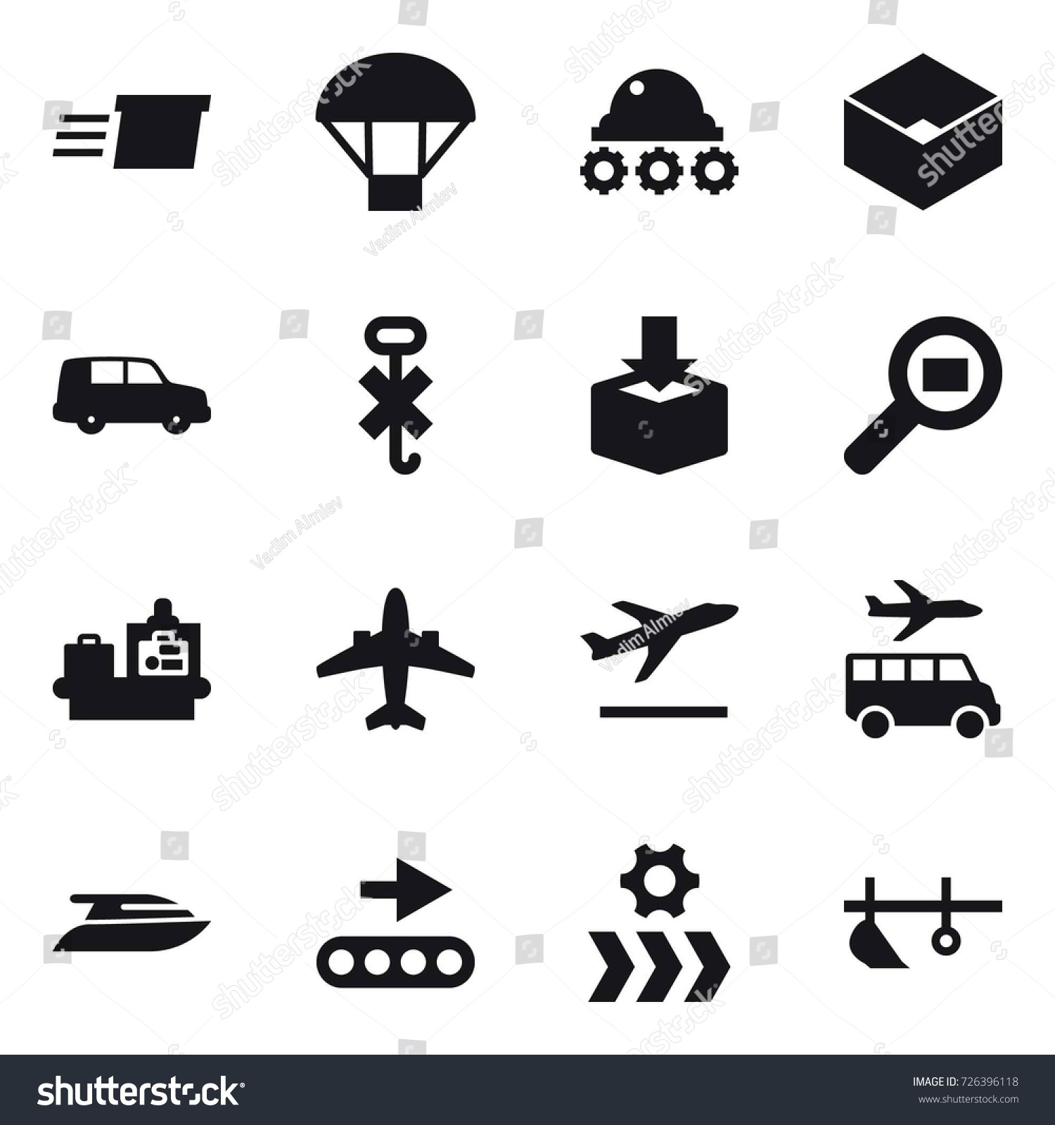 16 vector icon set : delivery  parachute  lunar rover  box  baggage checking  airplane  departure  transfer  yacht  plow