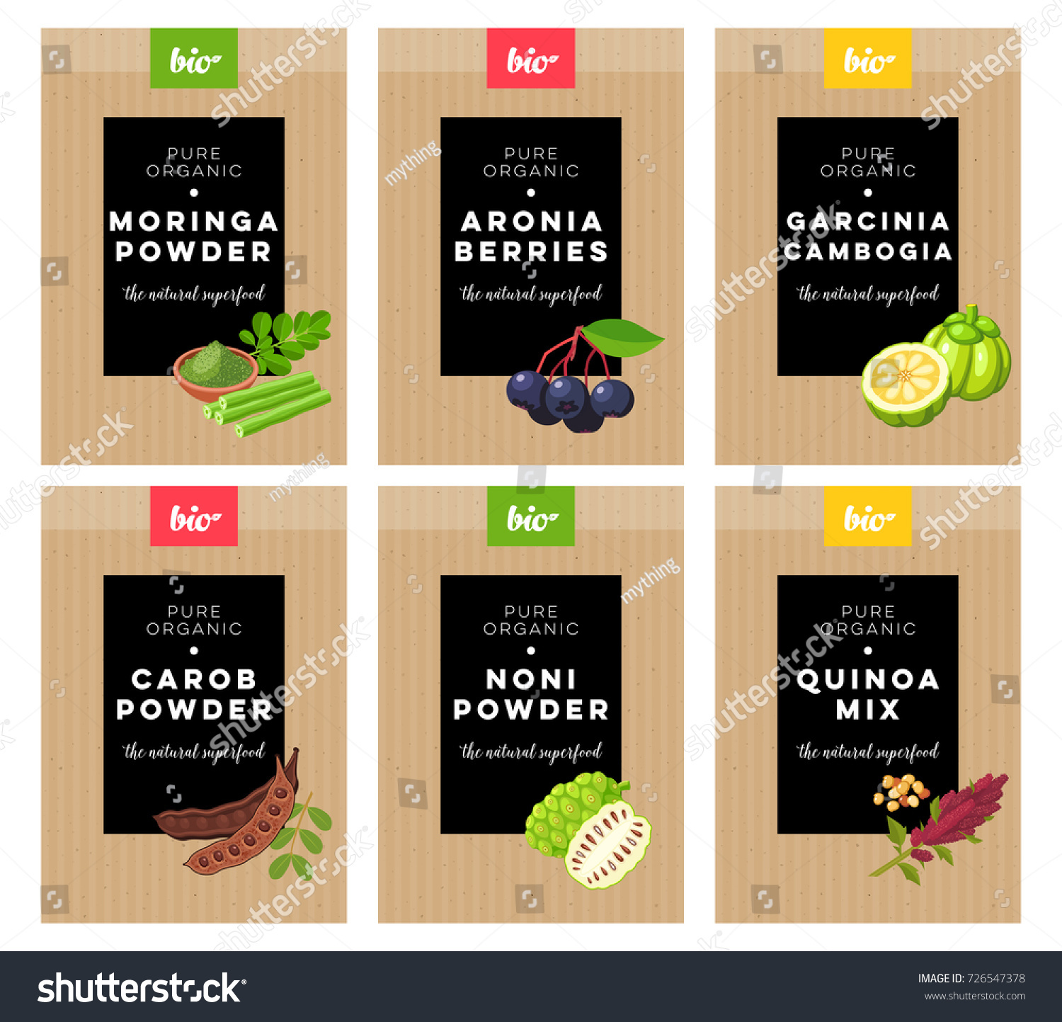 Packaging design. Concept label for natural superfood marketing . moringa  aronia  carob  noni  quinoa  garcinia cambogia. Vector flat template.