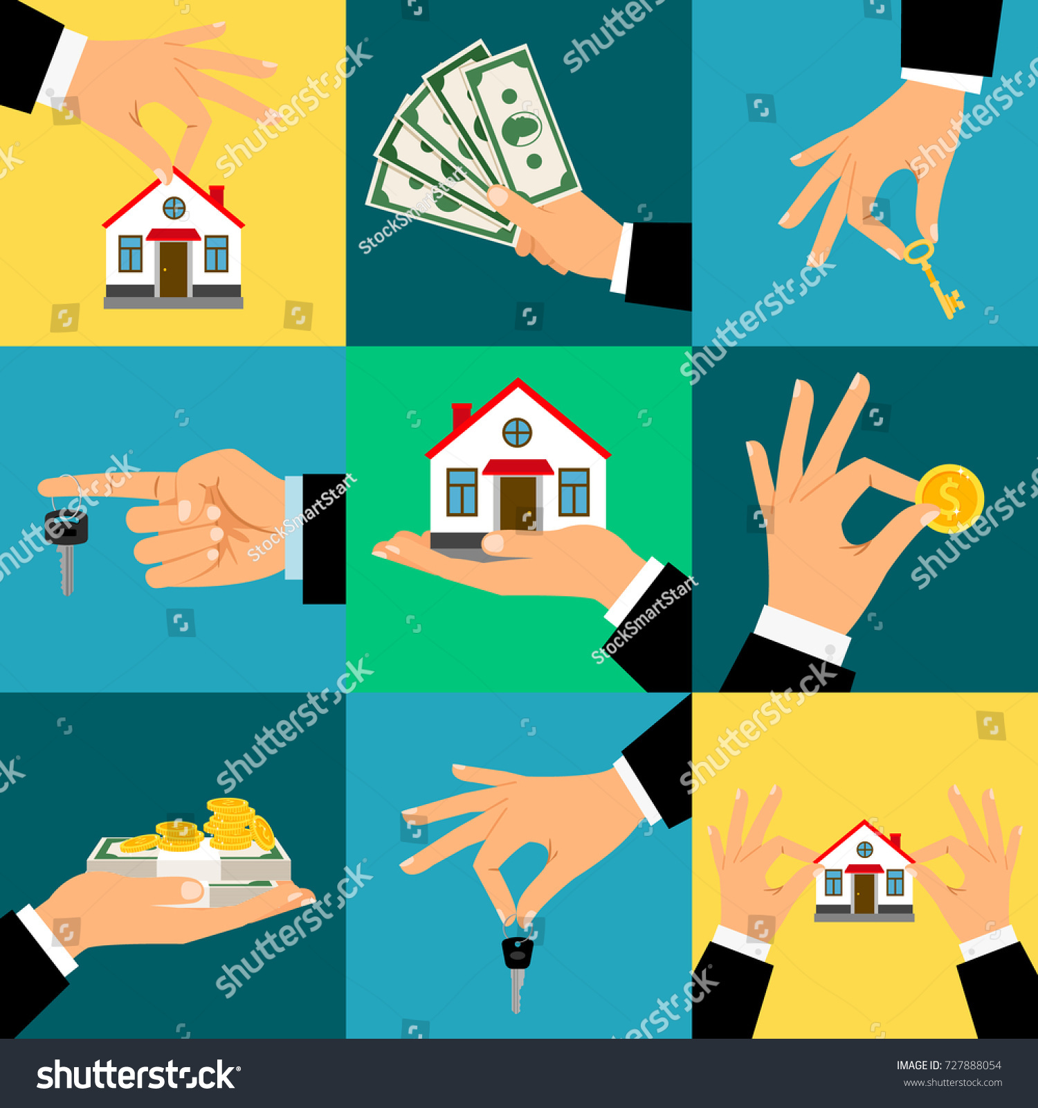 Buy House Hands vector illustration. Hand holds home or house key and money  isolated flat