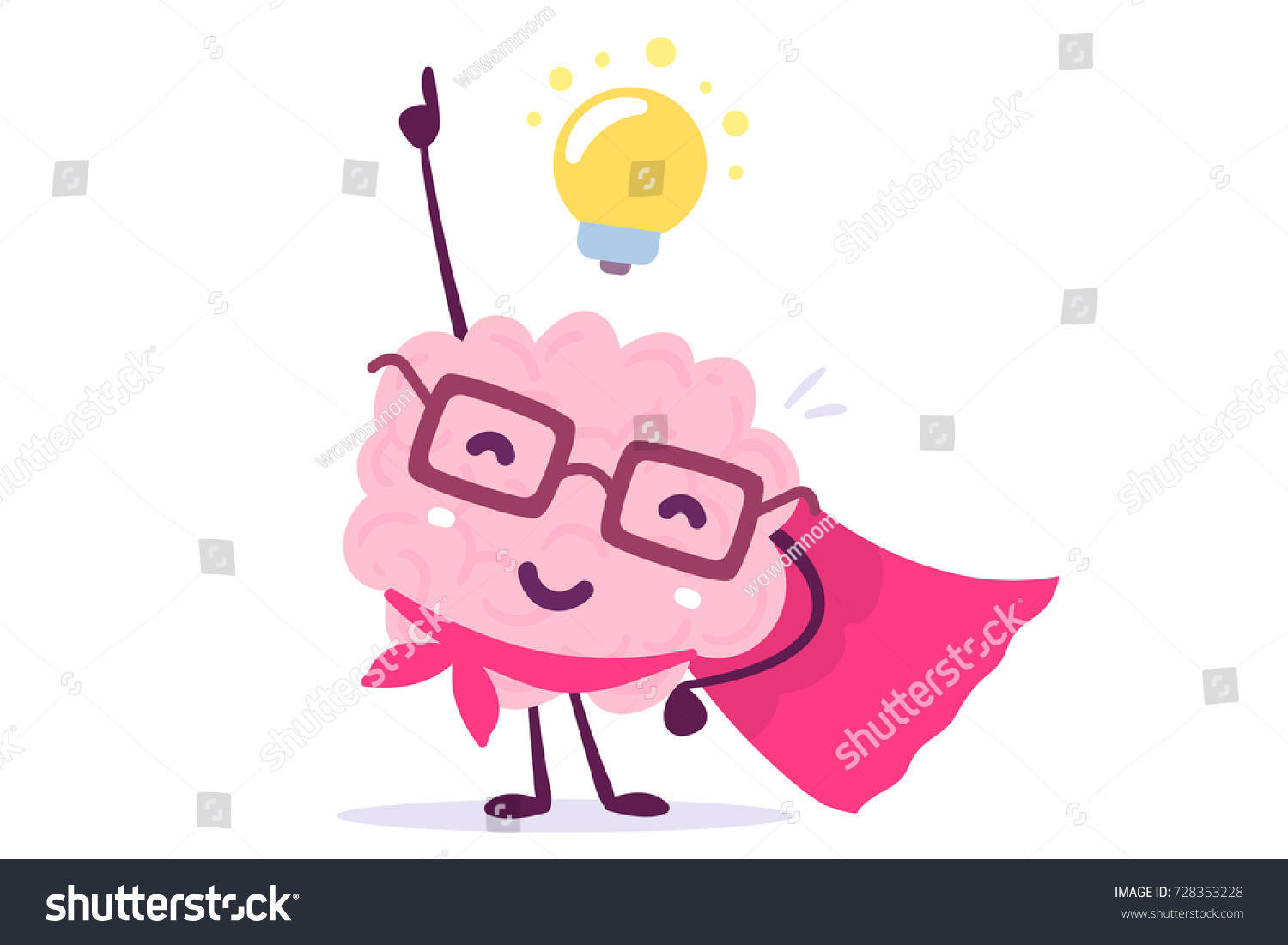 Vector illustration of pink color human brain with glasses as a super hero and light bulb on white background. Inspiration cartoon brain concept. Doodle style. Flat style design of character brain