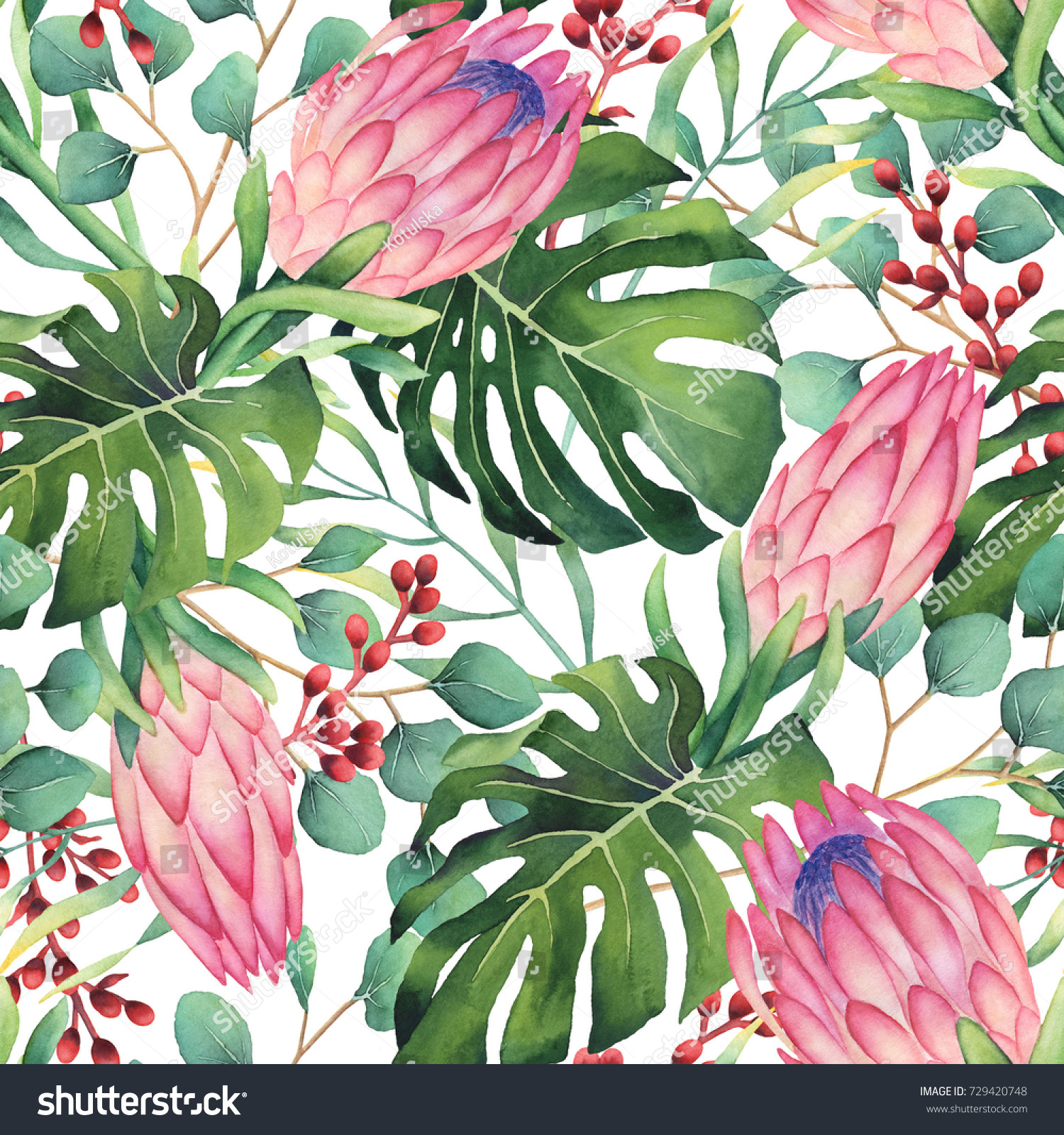 Hand-painted watercolor monstera leaves pattern with protea and eucalyptus on white background