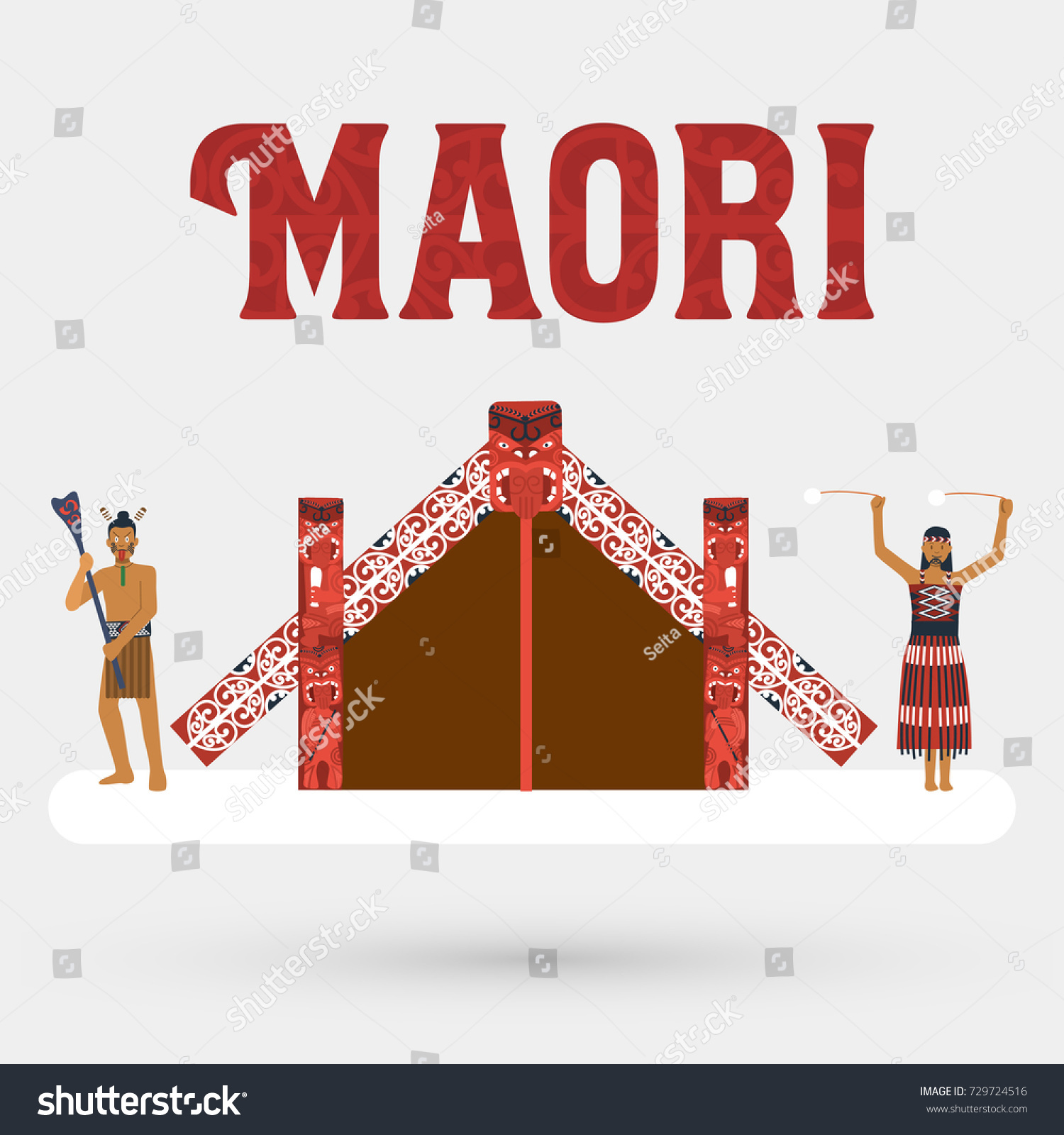 Flat design  Illustration of Maori people and Maori meeting house  Vector