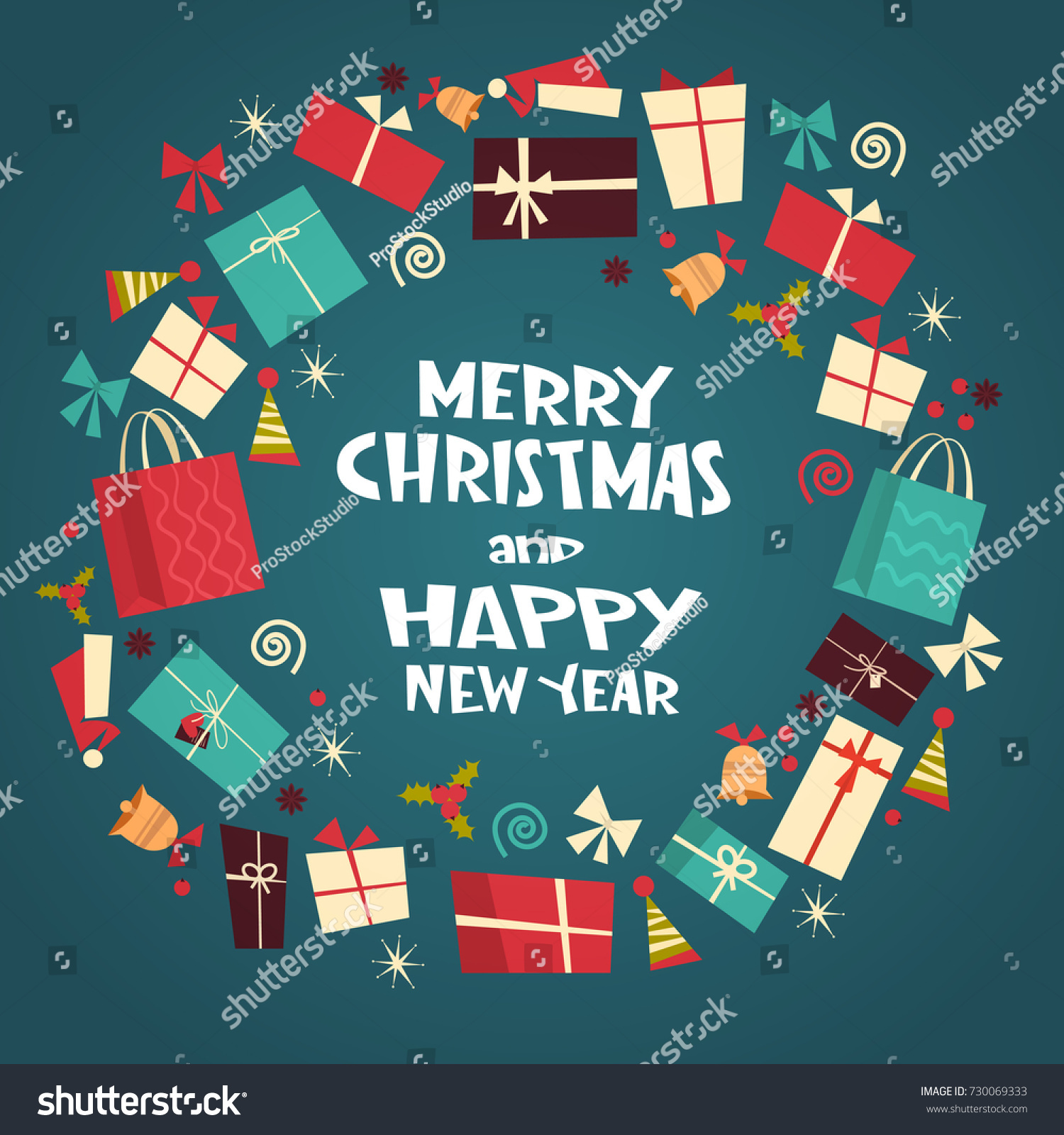 Merry Christmas And Happy New Year Greeting Card With Different Gift Boxes Winter Holiday Presents Concept Flat Vector Illustration