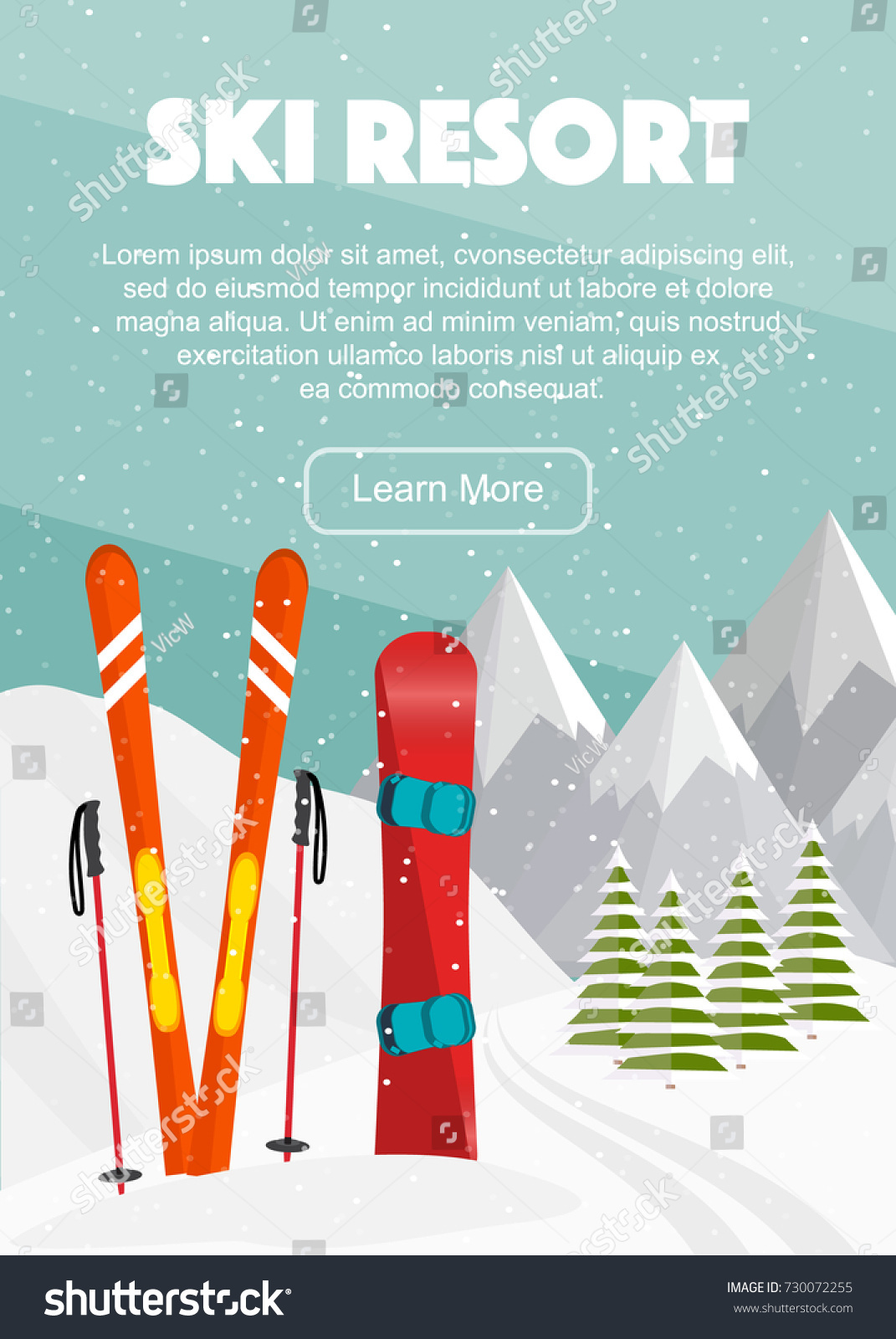 Ski equipment snowboard trail Alps fir trees falling snow mountains ...
