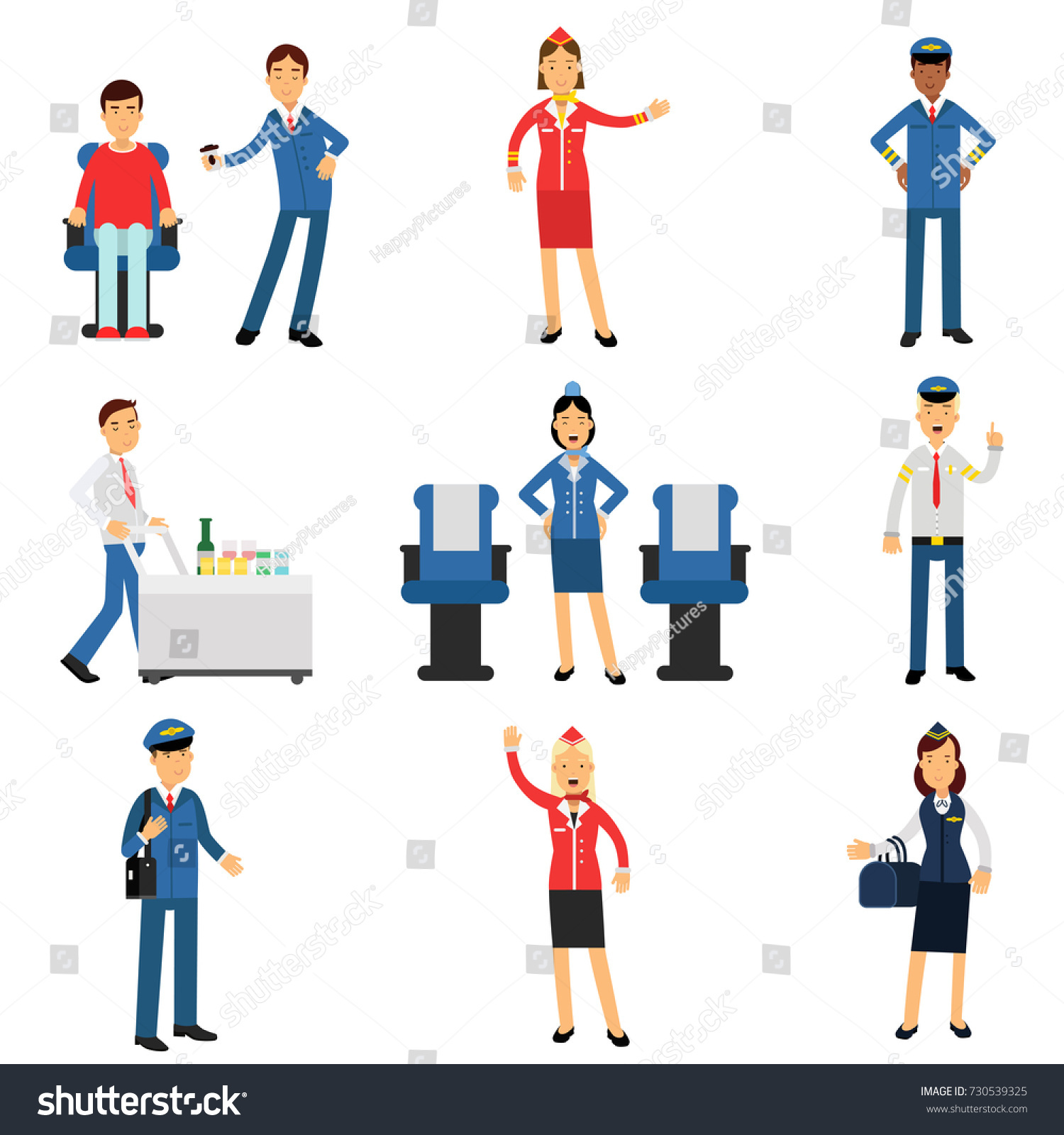 Pilot and stewardess at work during the flight set  airline working process vector Illustrations