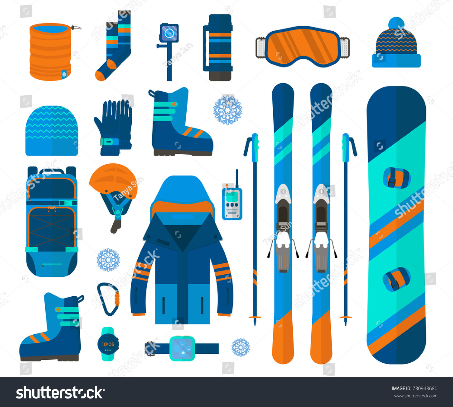 Winter sport icons collection. Skiing and snowboarding set equipment isolated on white background in flat style design. Elements for ski resort picture  mountain activities  vector illustration.
