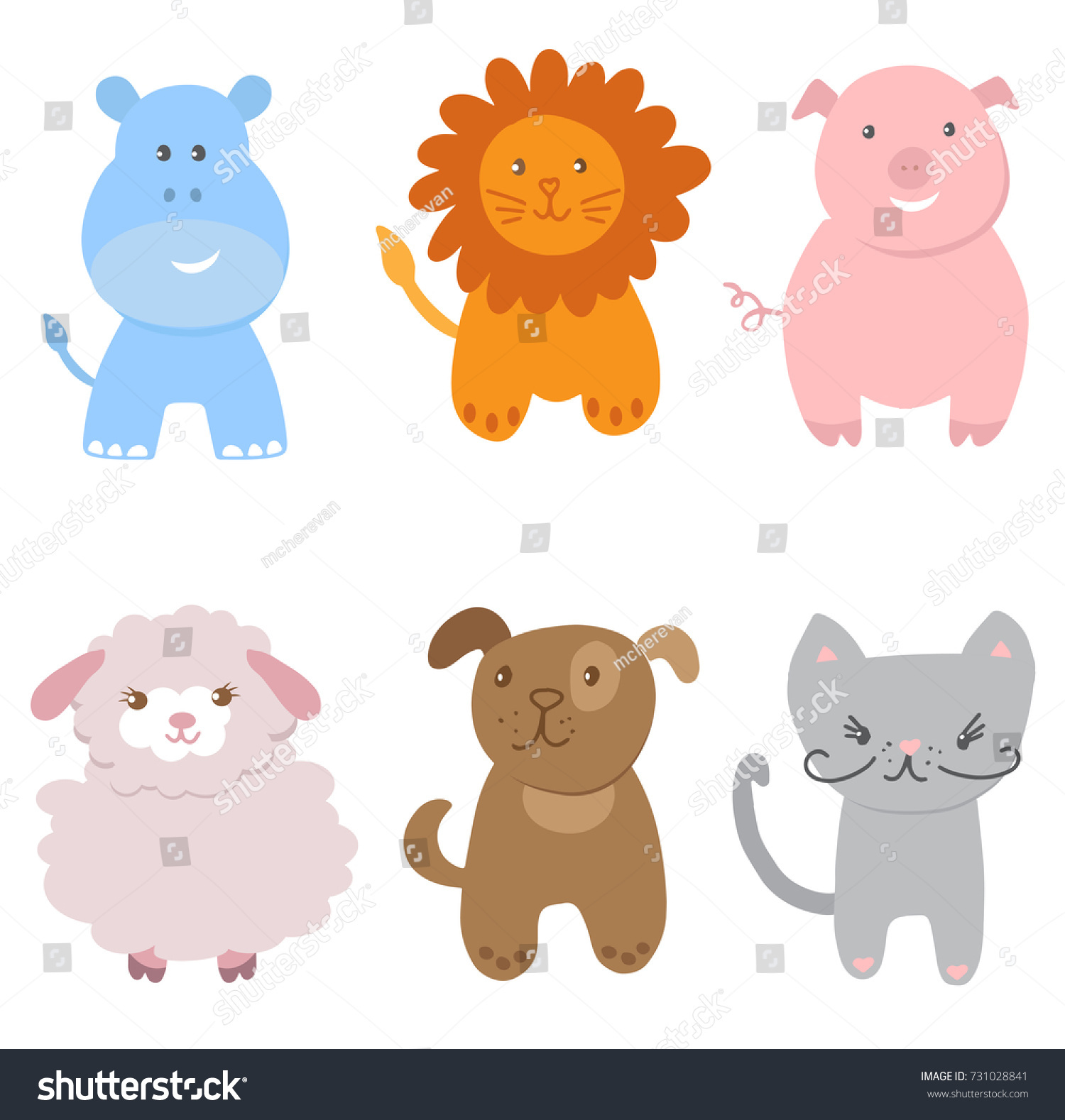 Cute Vector Set of Small Baby Animals. Cat dog pig lion sheep and hippo ...