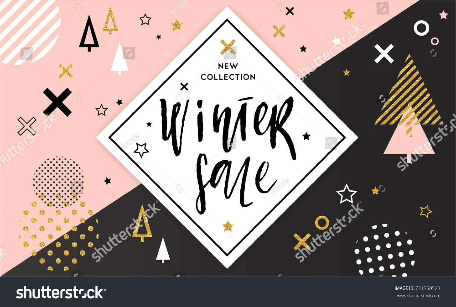Winter shopping sale flyer template with lettering. Trendy cute background. Poster  card  label  banner design. Geometrical fond. Vector illustration EPS10.