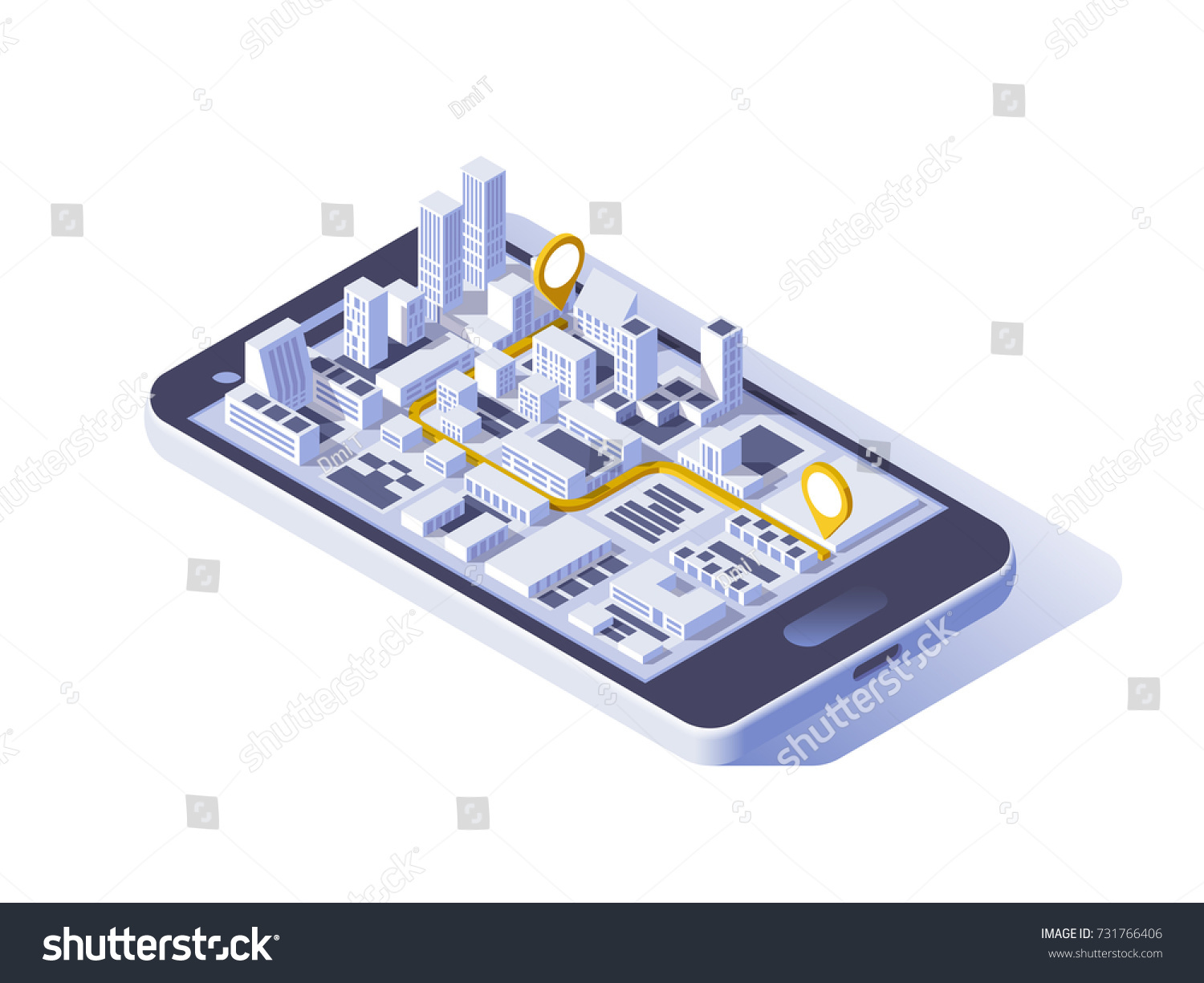 Mobile gps and tracking concept. Location track app on touchscreen smartphone  on isometric city map background. 3d vector illustration.