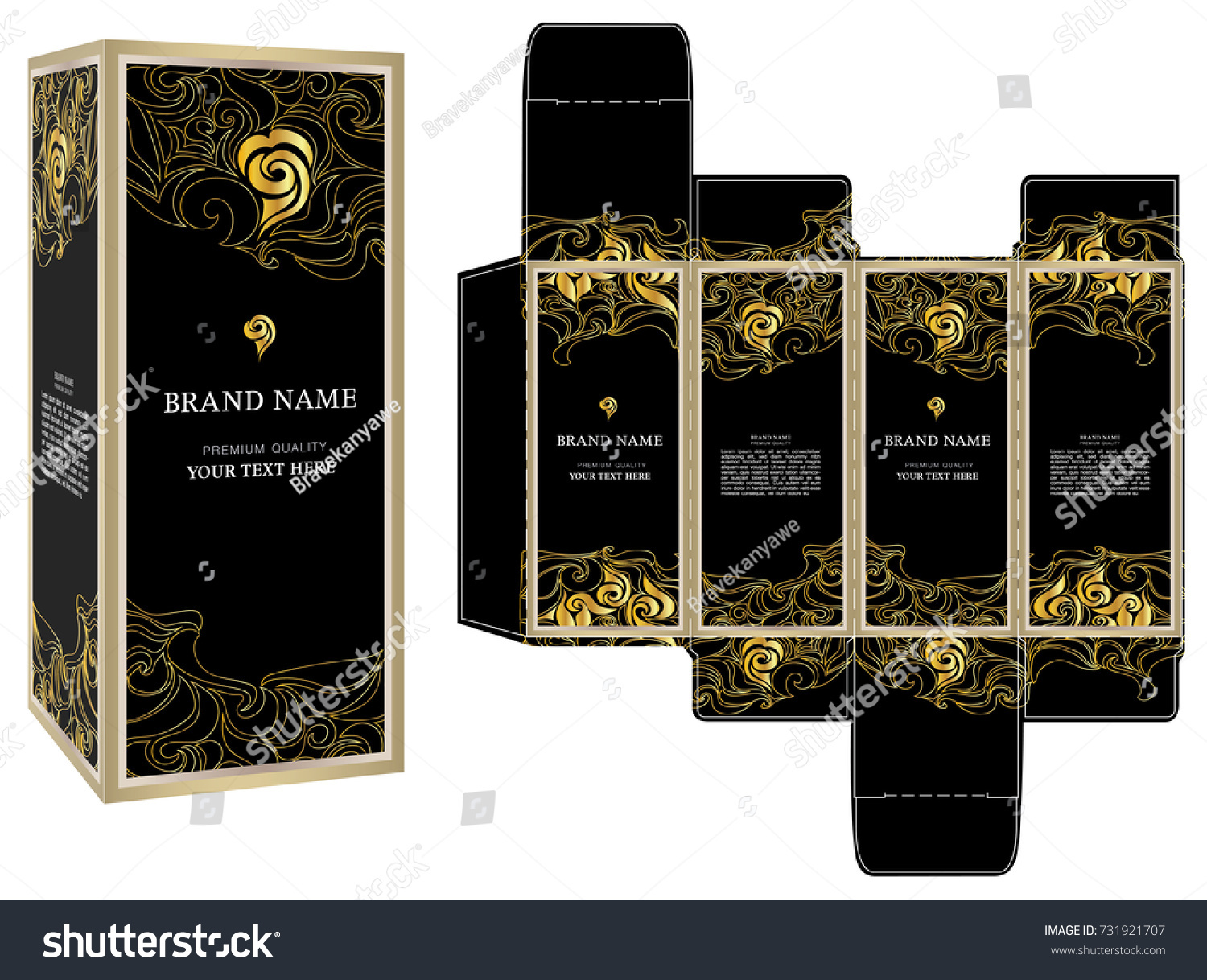 Packaging design vector  black and gold luxury box template and mock-up box.