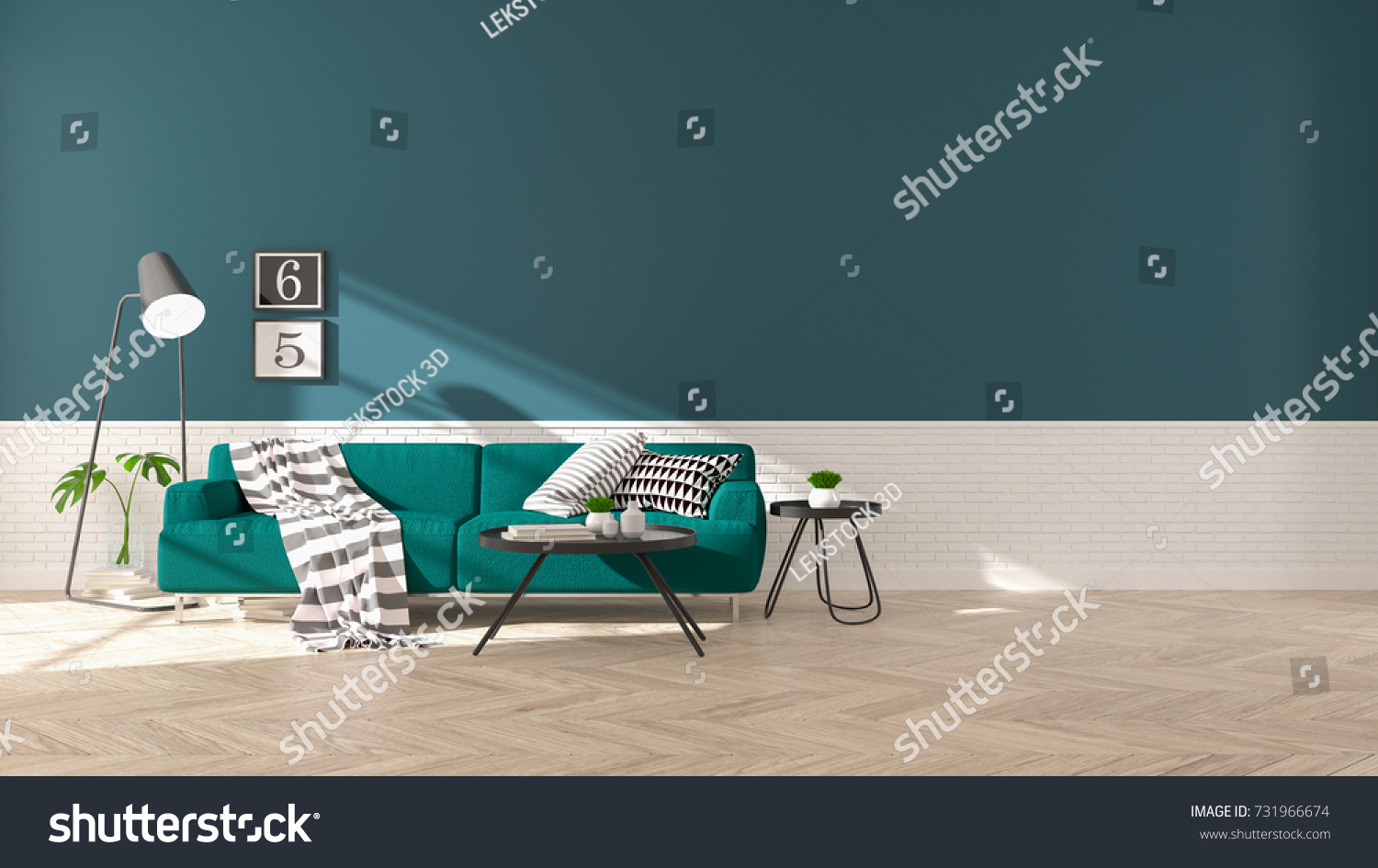 Modern interior of living room with green sofa on wood flooring and dark green wall .empty room 3d rendering