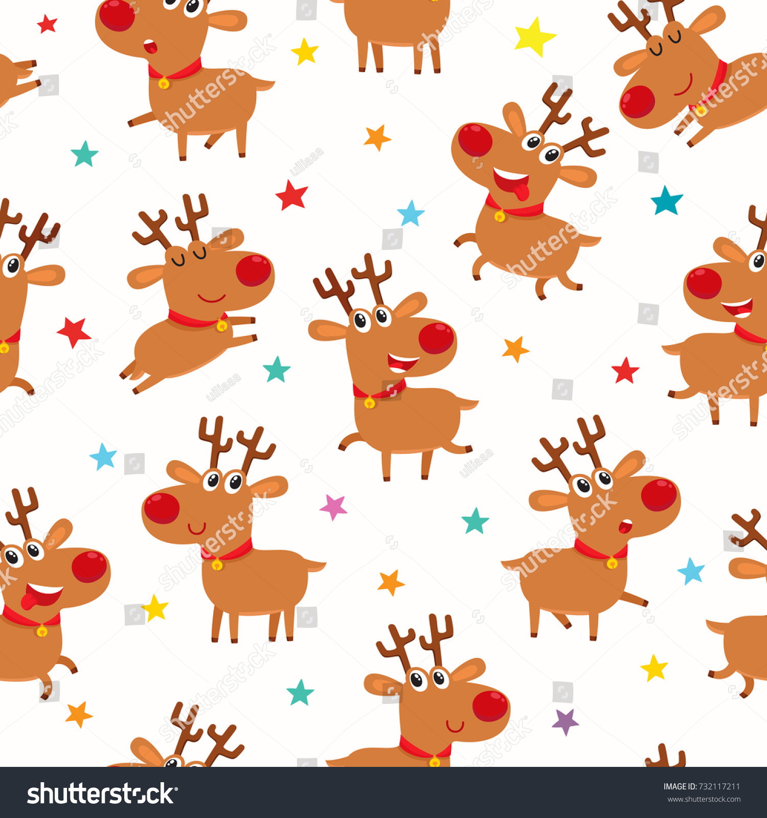 Seamless pattern with cute cartoon reindeers  vector illustration on white background. Illustration with different deers and stars used for magazine or book  poster and card  web pages.