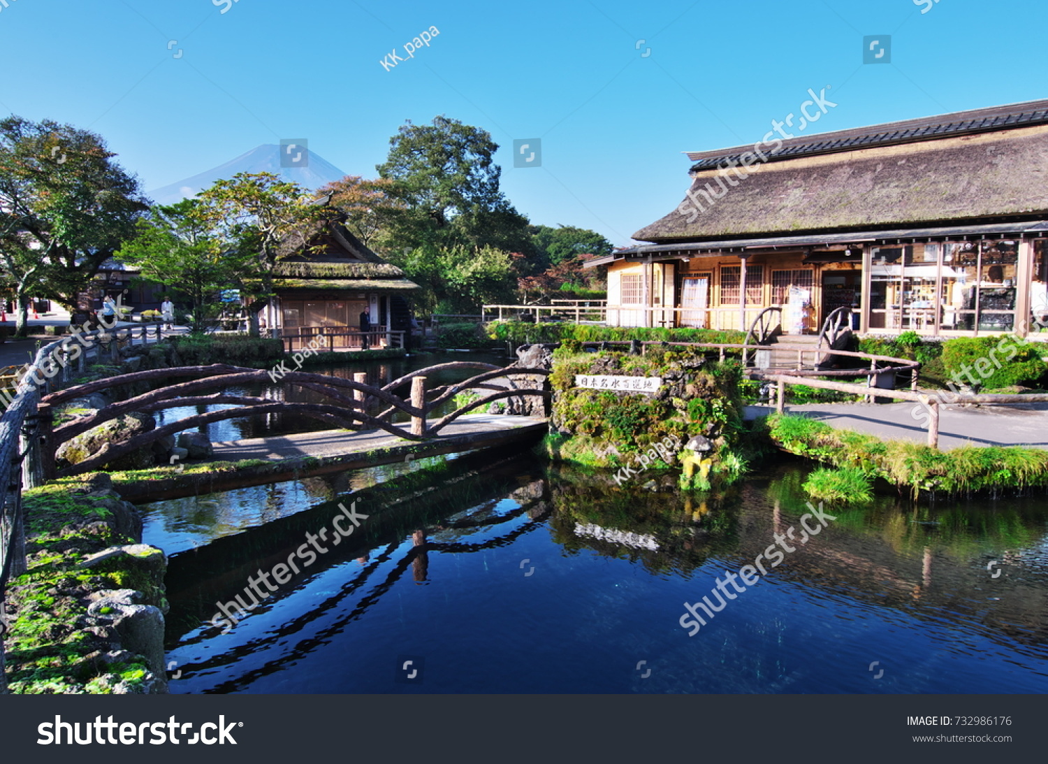 Oshino Hakkai is a touristy set of eight ponds in Oshino  a small village in the Fuji Five Lake region. Japanese written on the stones is "One of 100 Selected place of good water-spring in Japan".