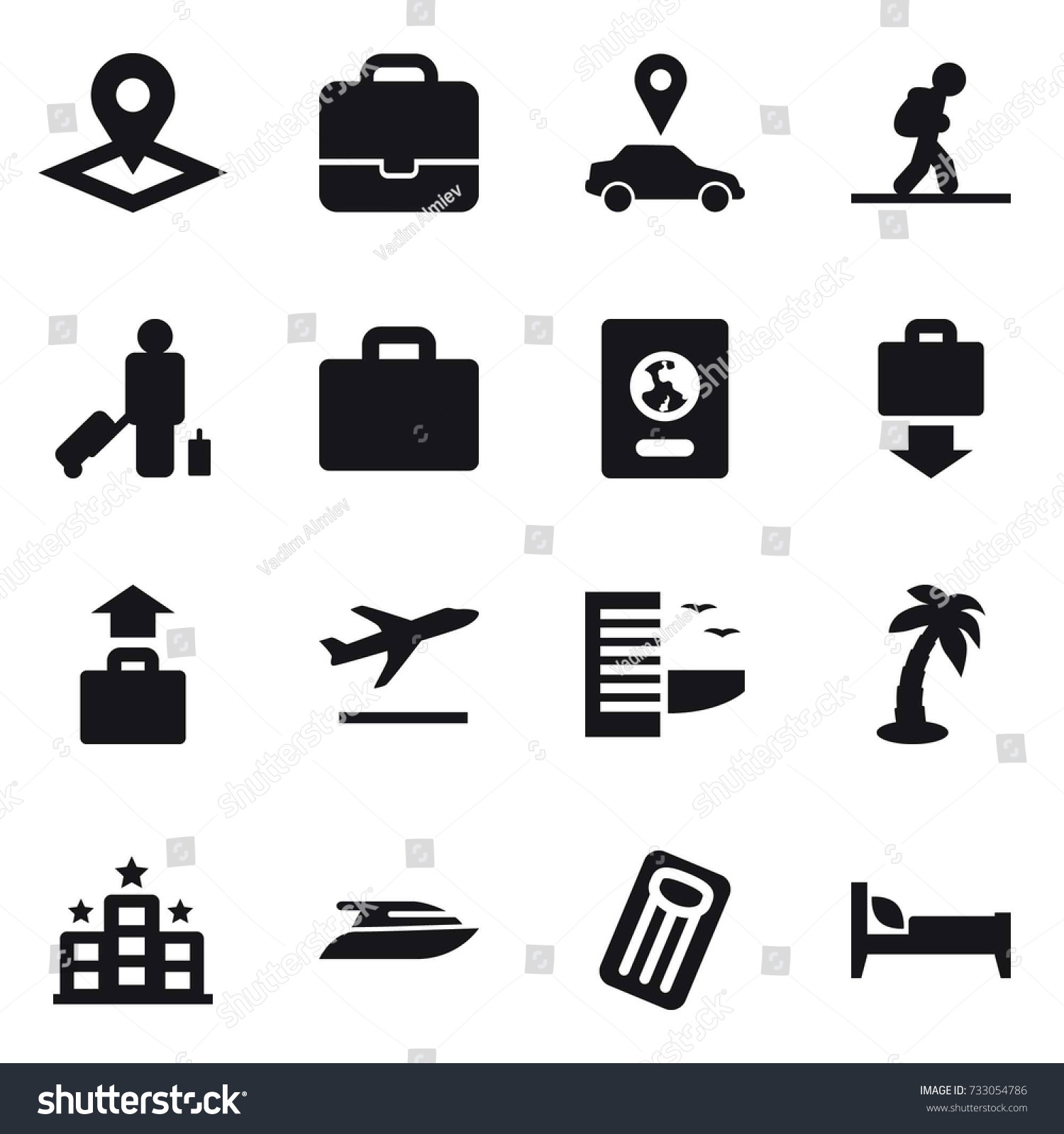 16 vector icon set : pointer  portfolio  car pointer  tourist  passenger  suitcase iocn  passport  baggage get  baggage  departure  hotel  palm  yacht  inflatable mattress  bed