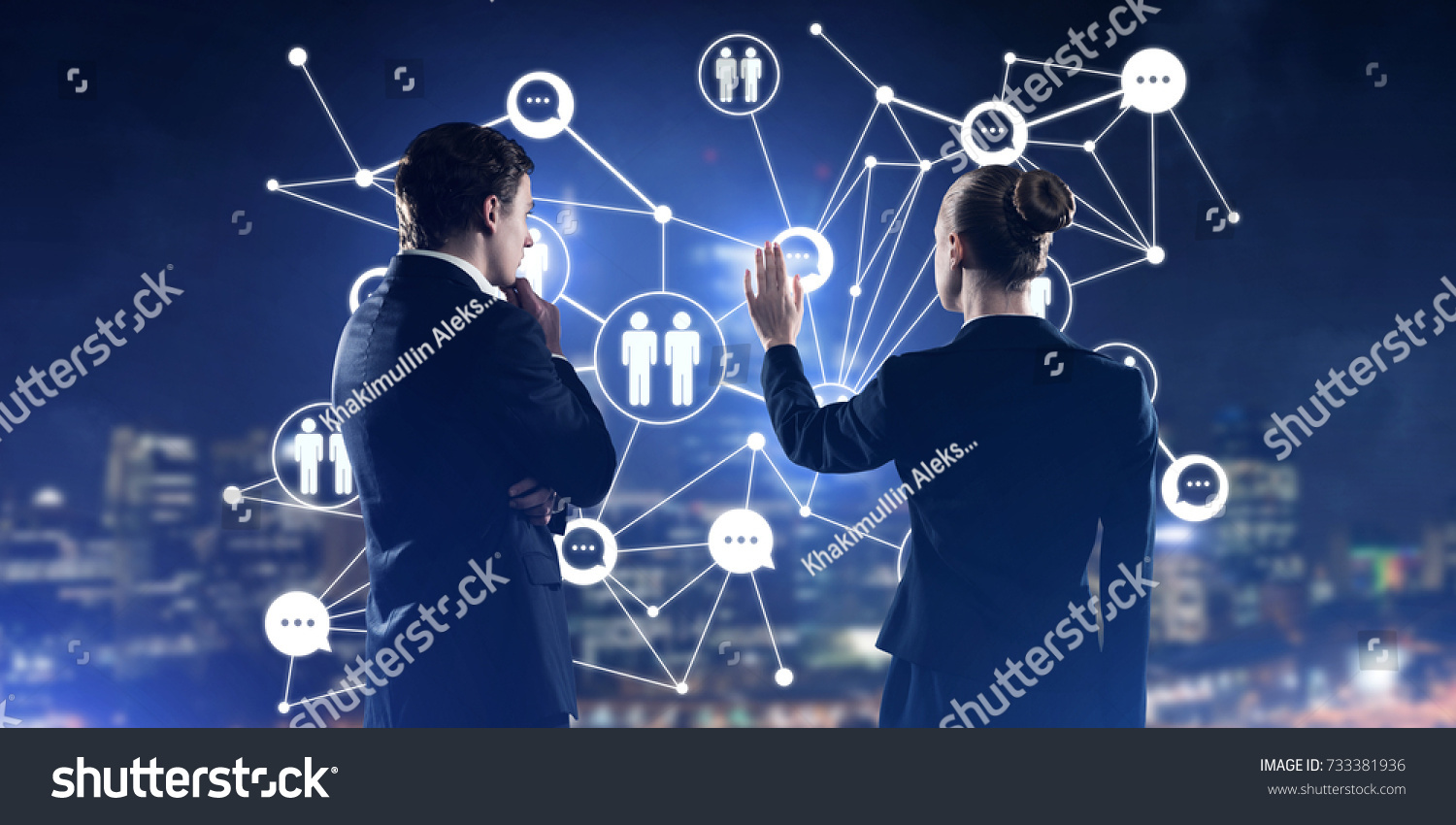 Businessman and businesswoman standing with back and touching connection concept