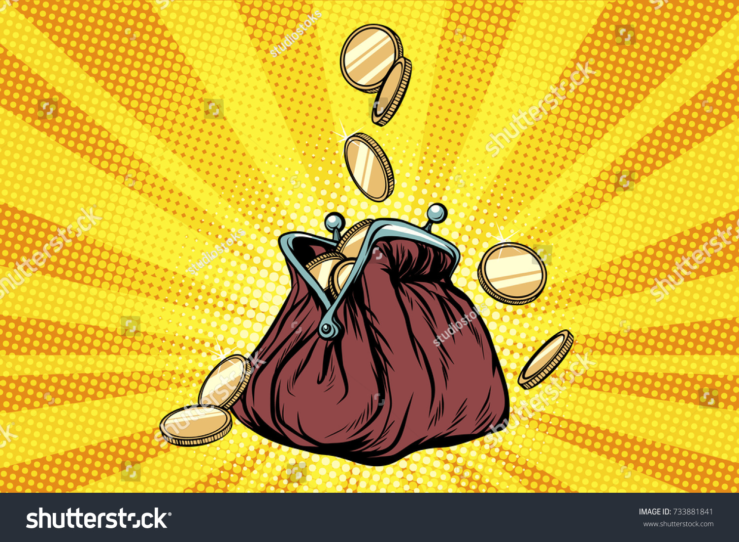 Purse with gold coins. Pop art retro vector illustration