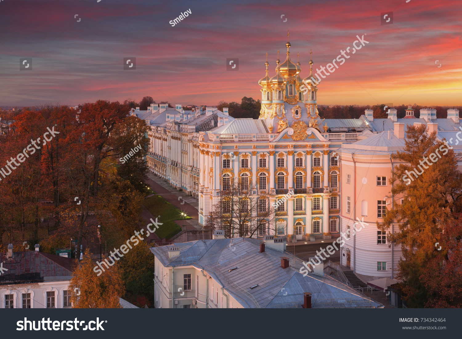 Rooftop autumn view on the Catherine palace and park in Tsarskoye selo (also known as Pushkin) at sunset